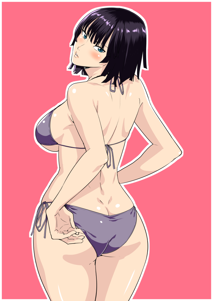 adjusting_clothes adjusting_swimsuit ass back bikini black_hair blue_eyes breasts butt_crack commentary_request dimples_of_venus female fubuki_(one-punch_man) jyura large_breasts looking_back one-punch_man purple_bikini short_hair side-tie_bikini_bottom solo swimsuit underboob