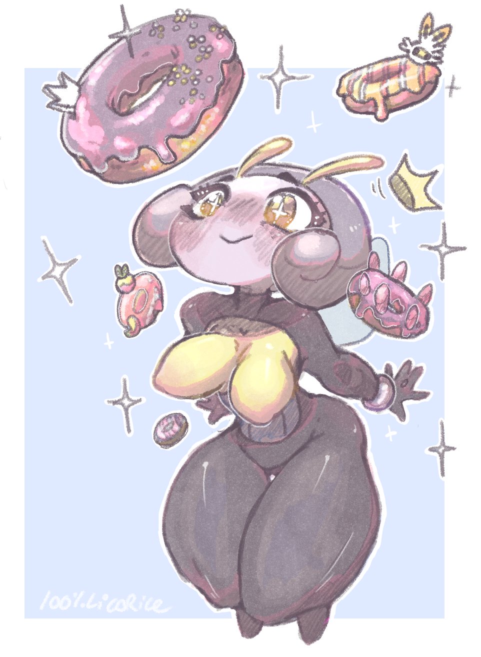 100licorice 1girls antennae anthro anthrofied arthropod artist_name black_skin blush breasts doughnut female humanoid illumise nintendo nipples pokemon pokemon_(species) smile solo thick_thighs thigh_gap thighs wings yellow_eyes