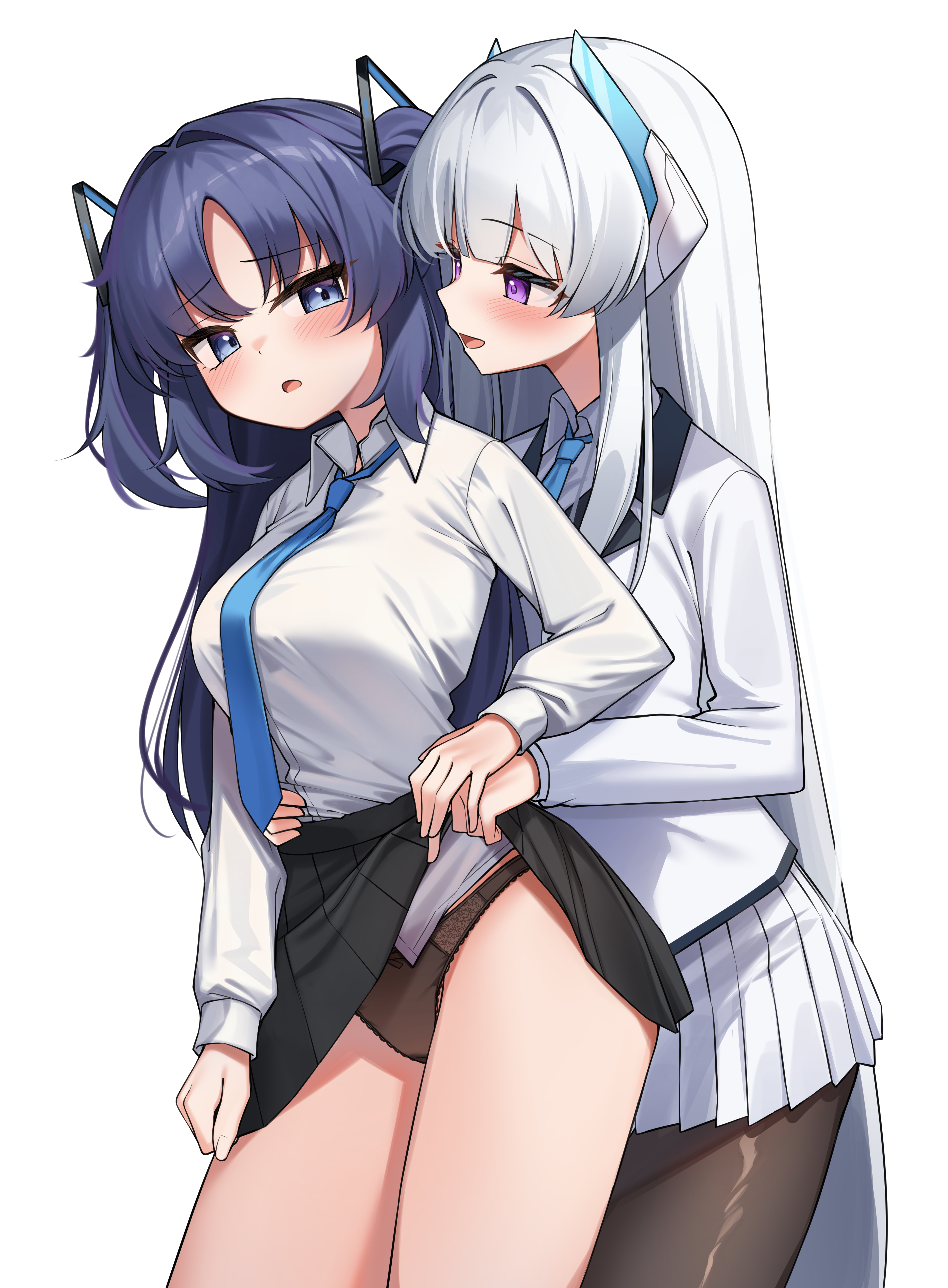2girls, absurdres, black panties, black pantyhose, black skirt, blue archive, blue eyes, blue hair, blue necktie, blush, clothes lift, commentary, female, female only, hair intakes, hair ornament, headgear, highres, korean commentary, long hair, long sleeves, looking at another, multiple females, multiple girls, necktie, noa (blue archive), open mouth, panties, pantyhose, purple eyes, simple background, skirt, skirt lift, thighs, triangle hair ornament, two side up, underwear, very long hair, white background, white hair, yuri, yuuka (blue archive), ziro (zirorong)