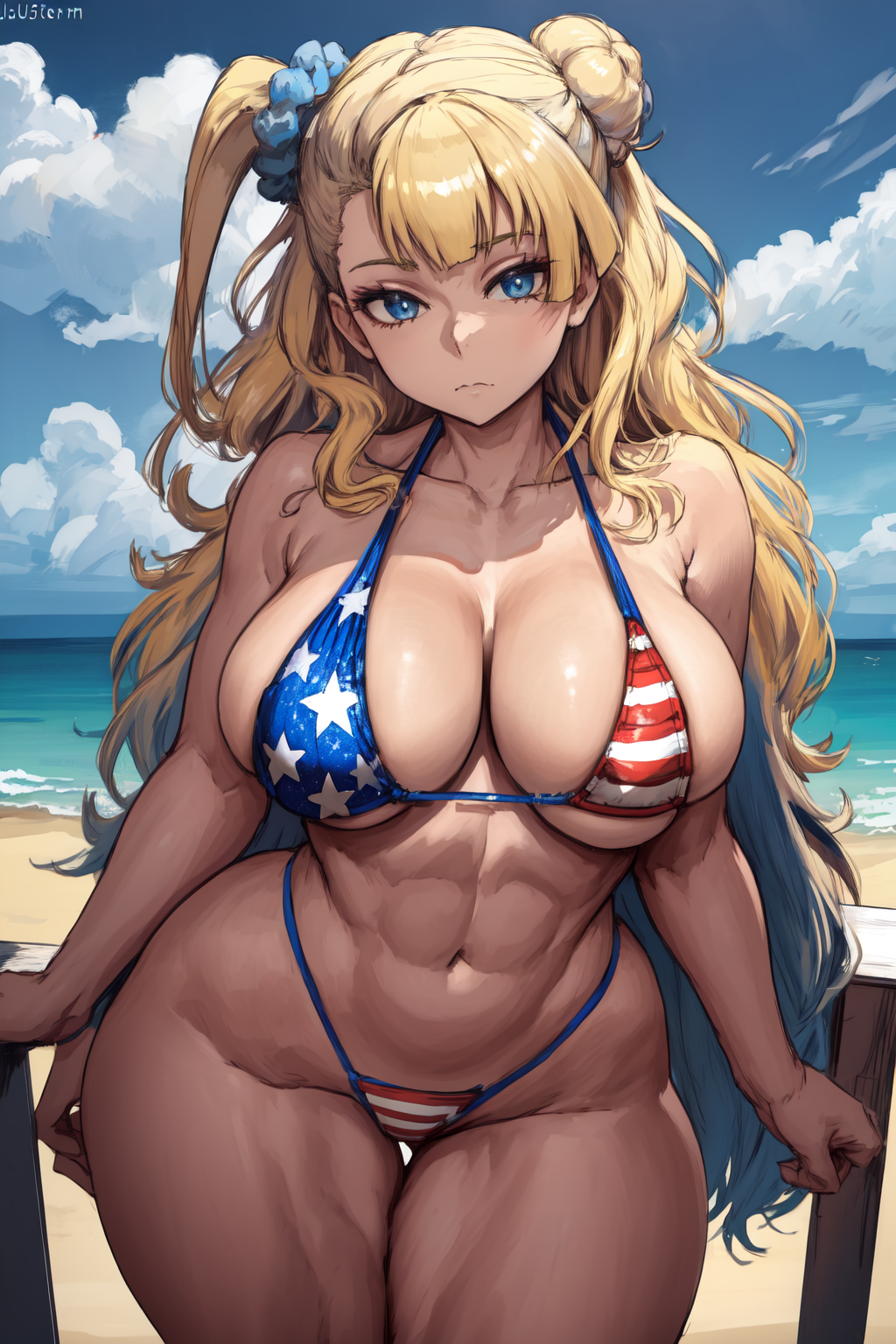 1girls abs ai_generated american_flag_bikini beach big_breasts bikini blonde_hair blue_eyes breasts curvaceous curvy curvy_female curvy_figure feet_out_of_frame female female_focus female_only galko hair_bun hair_ornament light-skinned_female light_skin long_hair looking_at_viewer muscular_thighs oshiete!_galko-chan outside sand standing swimsuit swimwear thick thick_thighs toned_female voluptuous voluptuous_female water wide_hips