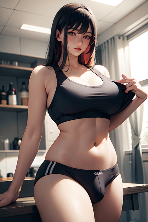 ai generated, black underwear, brown hair, bulge, bulge through clothing, futa only, futanari, indoors, intersex, kitchen, long hair, looking at viewer, navel, original, original character, partially clothed, pixai, solo, solo futa, sportswear, underwear
