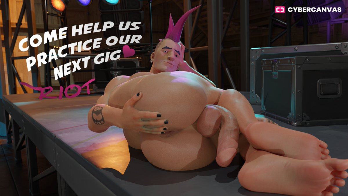 1boy anus ass balls big_ass big_butt big_penis cybercanvas feet fortnite male male_only mohawk muscular muscular_male penis pink_hair riot_(fortnite) solo solo_male spiky_hair tattoo tattoos