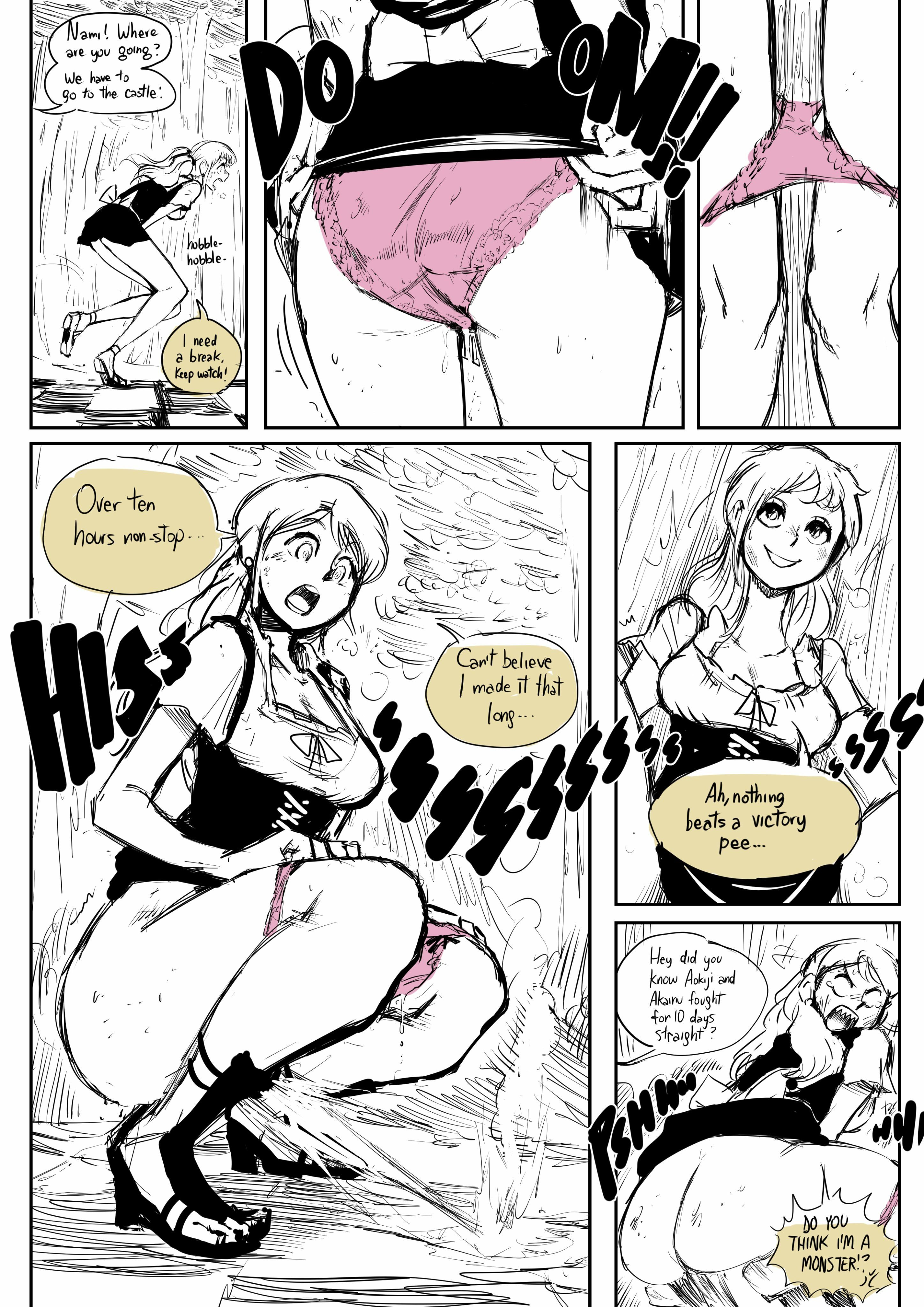 1girls, 6koma, angry, ass, biku, female, female only, nami (one piece), one piece, pee squat outdoors, peeing, post-timeskip, public, squatting, whole cake island
