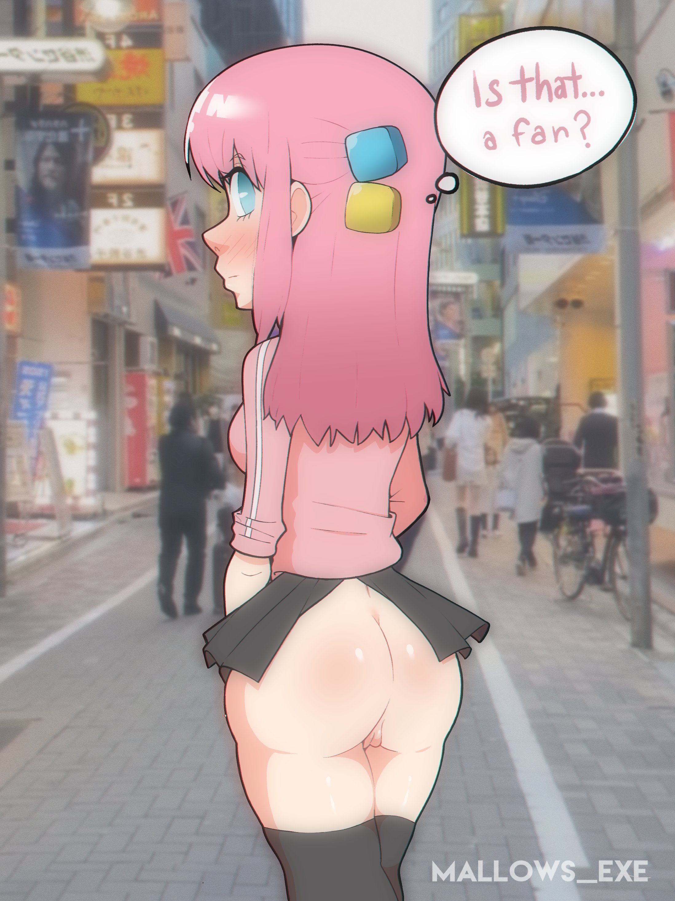 1girls, ass, back, back view, bocchi the rock!, breasts, english text, female, gotou hitori, mallows.exe, no panties, oblivious, pantyless, pink hair, text, thought bubble, unaware, unaware exhibitionist