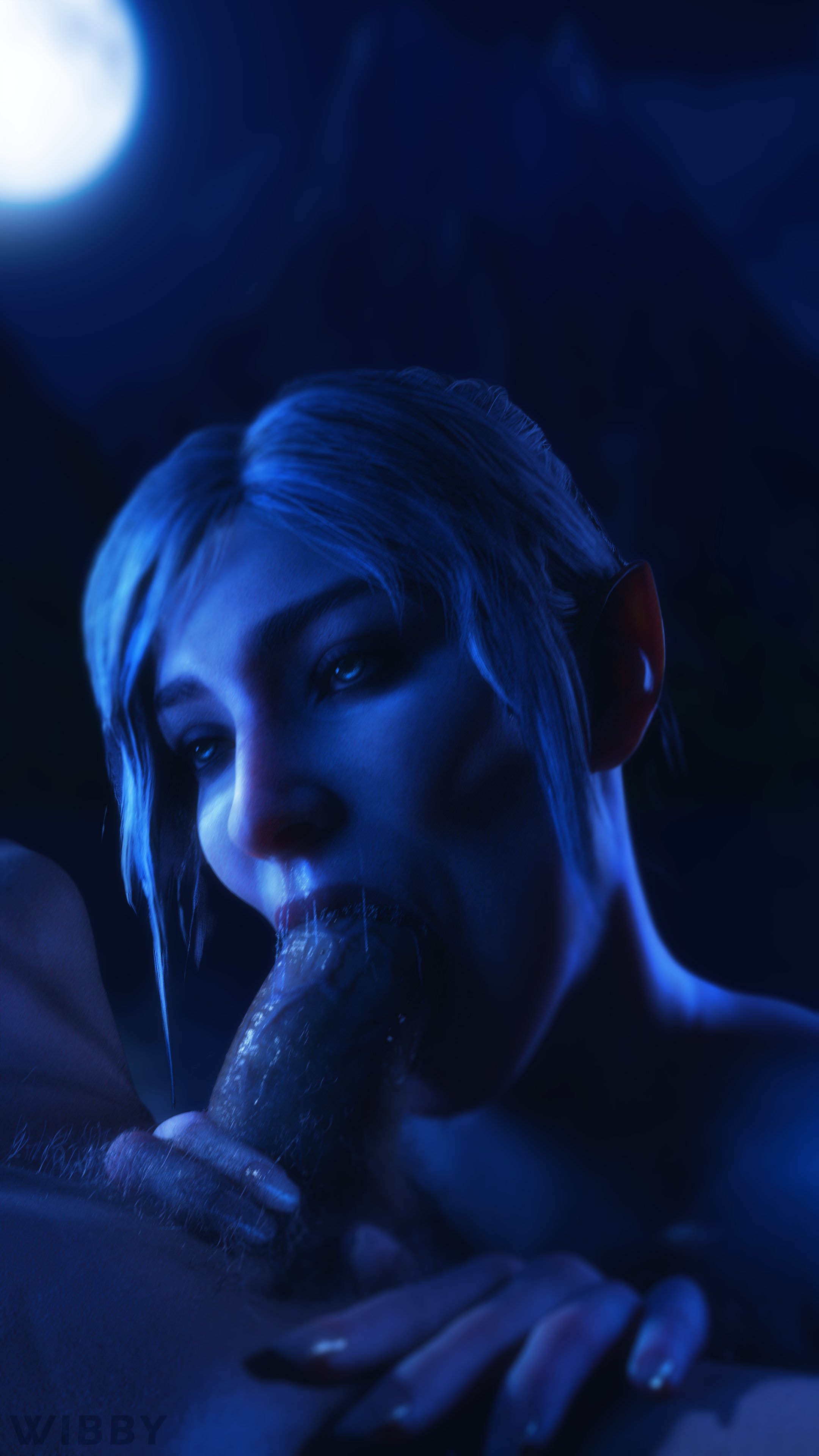 1boy, 1girls, 3d, 3d (artwork), baldur's gate, baldur's gate 3, blowjob, completely nude, dungeons and dragons, elf ears, faceless male, fellatio, female, green eyes, half elf, hand on thigh, hi res, highres, holding penis, large penis, light skin, light-skinned female, light-skinned male, looking at partner, male, moon, moonlight, nude, nude female, nude male, oral, oral penetration, oral sex, penis, precum, precum on penis, pubic hair, shadowheart, sucking penis, tav (baldur's gate), tav (baldur's gate) (male), white hair, wibby, wizards of the coast