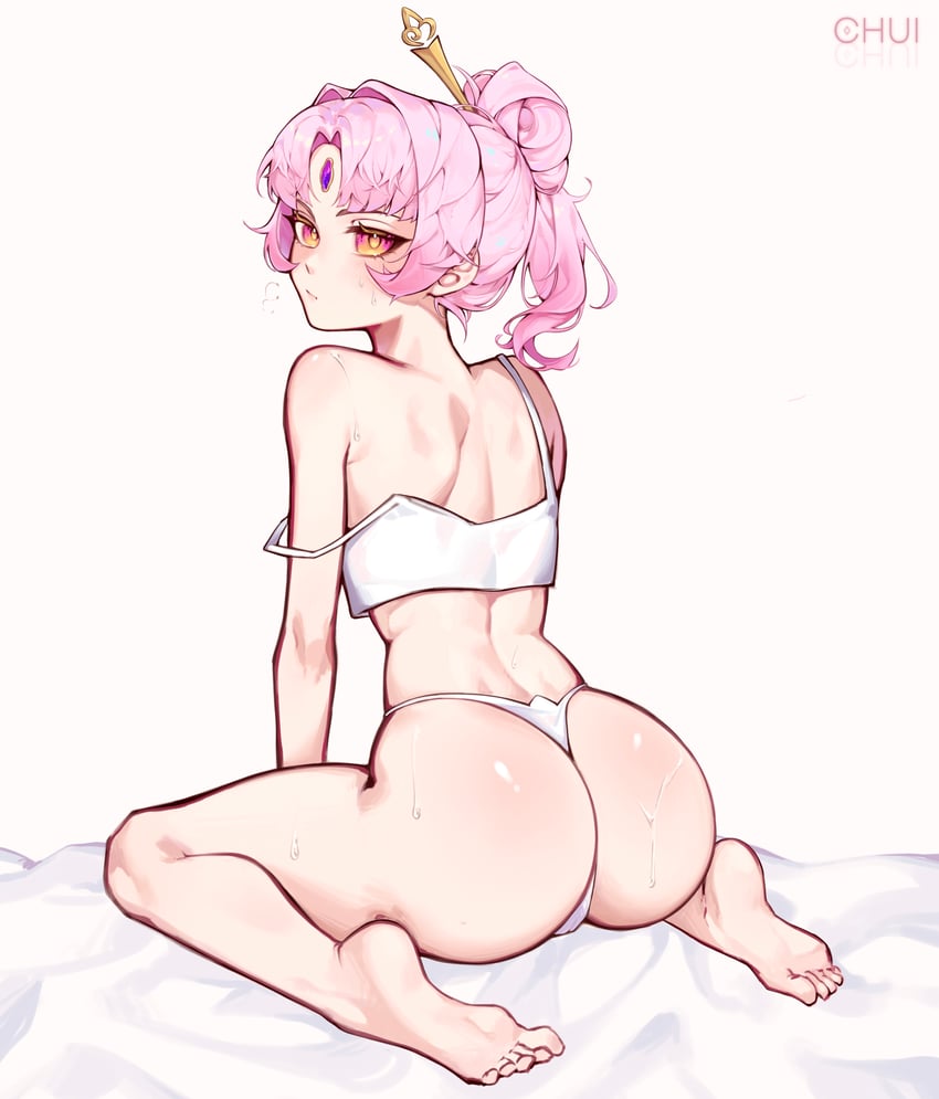 ass ass_focus bare_legs bare_shoulders barefoot blush chui feet female forehead_jewel fu_xuan_(honkai:_star_rail) full_body general hair_ornament honkai:_star_rail honkai_(series) hoyoverse kneeling legs long_hair looking_at_viewer panties pink_hair soles solo sweat tank_top thighs thong toes underwear white_panties white_tank_top