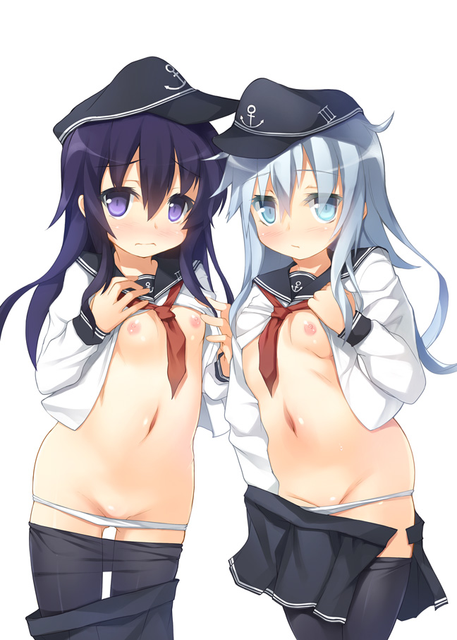 2girls akatsuki_(kantai_collection) black_hair black_legwear blue_eyes blush female hat hibiki_(kantai_collection) kantai_collection long_hair looking_at_viewer multiple_girls navel nipples pantyhose personification purple_eyes safi school_uniform serafuku silver_hair skirt small_breasts undressing white_background