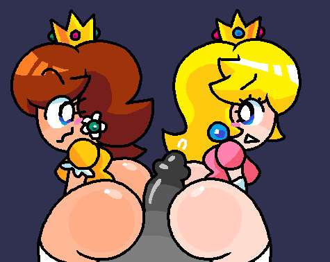 2girls ass ass_job big_ass blonde_hair blue_eyes breasts brown_hair buttjob double_assjob double_buttjob huge_ass jjoyplus looking_at_penis looking_back low_res lowres mario_(series) penis precum princess_daisy princess_peach tagme teeth