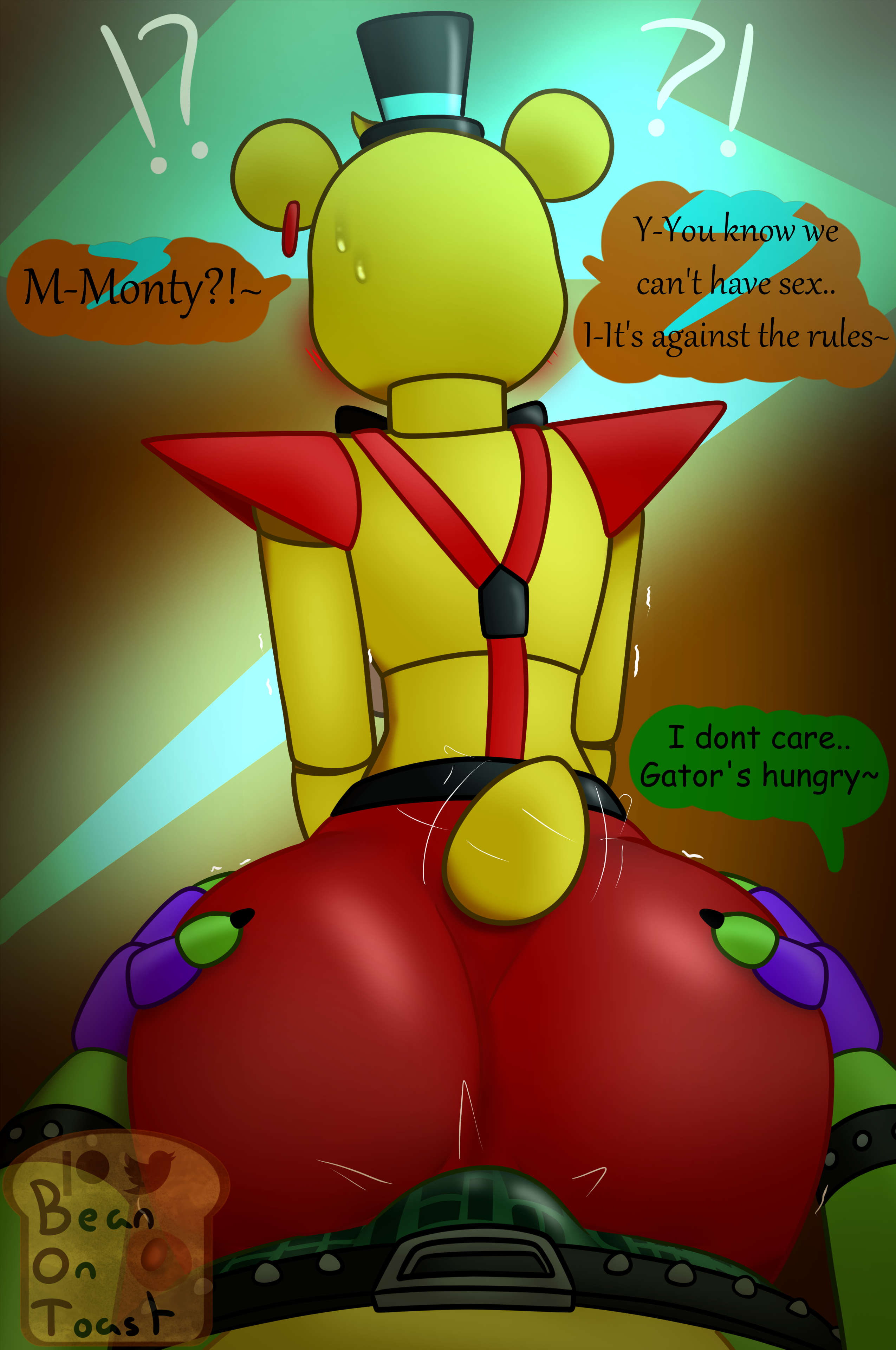 anthro, beanontoast, bulge, bulge through clothing, dialogue, female, five nights at freddy's, five nights at freddy's: security breach, genderswap, genderswap (mtf), glamrock freddy (fnaf), grinding through clothes, male, montgomery gator (fnaf), rule 63, straight