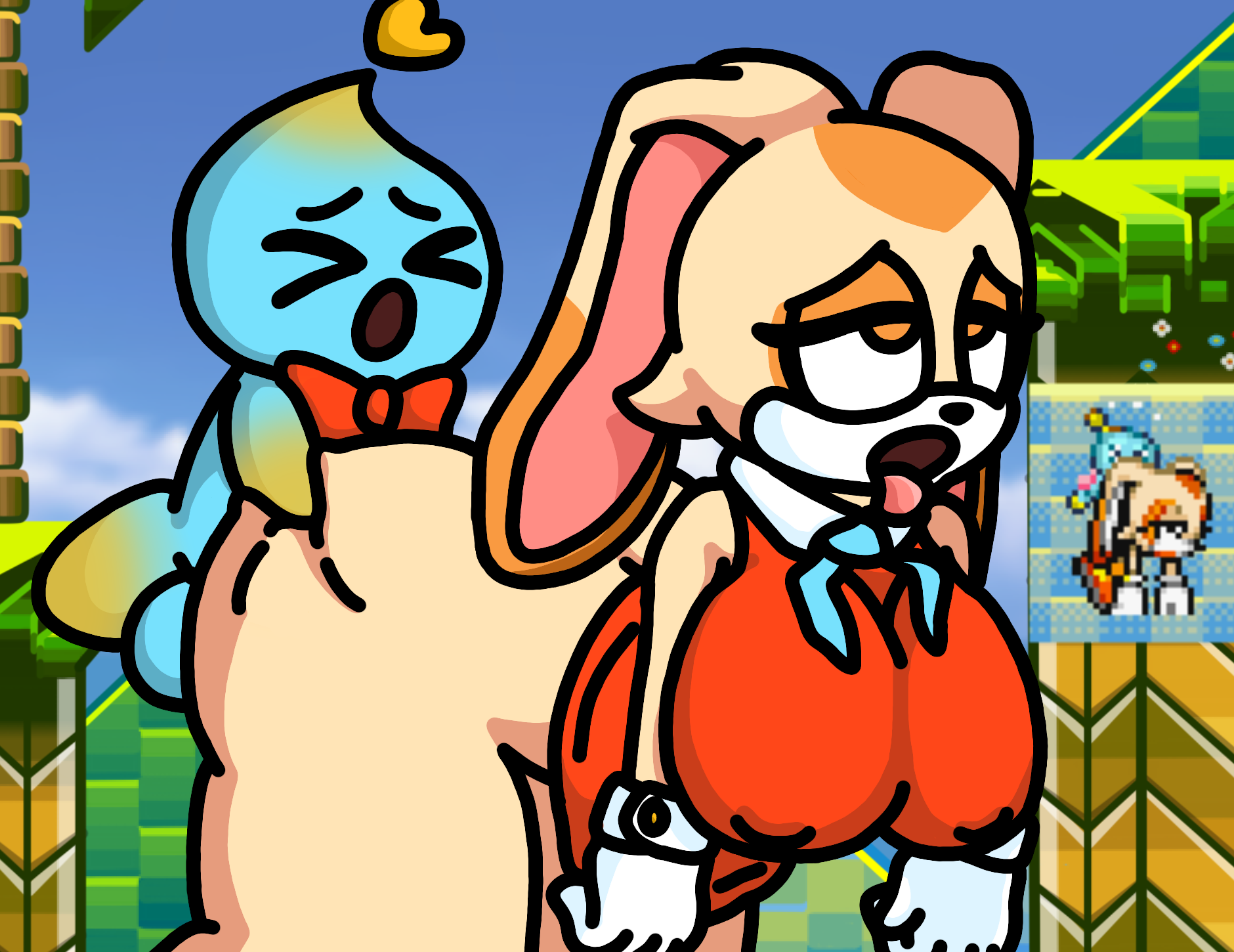 ahe gao, ahegao face, anal, anal sex, big breasts, breasts, chao (sonic), cheese the chao, clothed, clothing, cream the rabbit, female, grope, groping, groping ass, hanging breasts, heart, legokoopa (artist), self upload, sonic (series), sonic the hedgehog (series), thick thighs