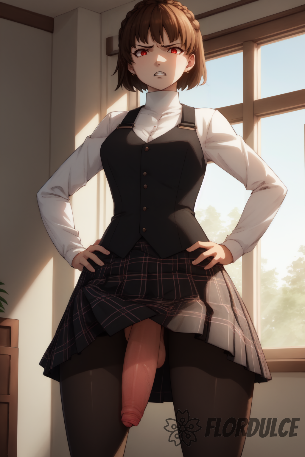 ai_generated annoyed balls brown_hair disgusted flaccid flordulce foreskin futa_only futanari hands_on_hips makoto_niijima pantyhose penis persona persona_5 plaid_skirt red_eyes school_hall school_uniform short_hair shuujin_academy_uniform skirt solo_futa standing testicles turtleneck vest