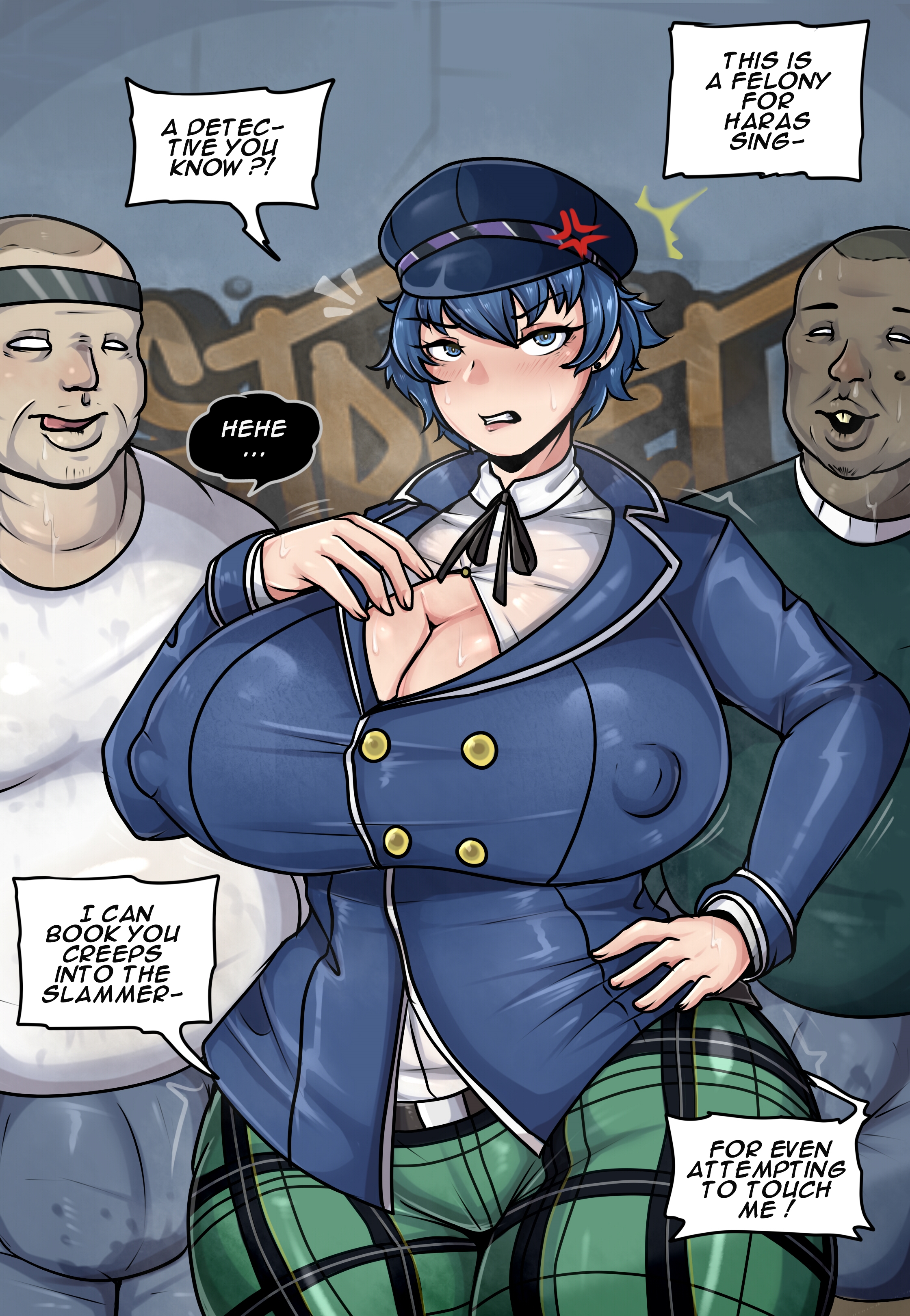 big breasts, blue eyes, blue hair, blue necktie, blue shirt, blue skirt, breasts, bulge, clothed, clothing, dark skin, dark-skinned male, fat male, female, group, hat, imminent rape, imminent sex, male, persona, police, police hat, police uniform, policewoman, saliva, shirogane naoto, short hair, speech bubble, sweat, tapeworm (artist), thick thighs, ugly bastard, venus body