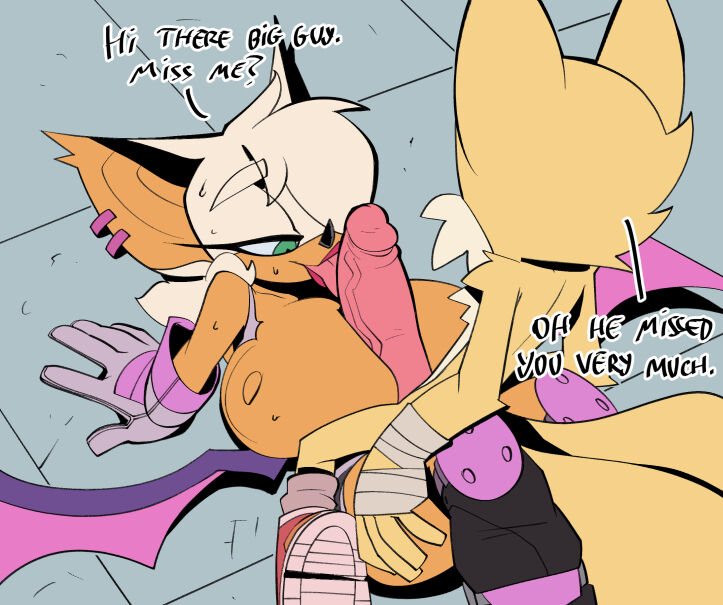 2024, 2d, 2d (artwork), 2d artwork, bat humanoid, big breasts, big penis, bigdad, breasts, breasts bigger than head, comic, exposed breasts, female, fox humanoid, green eyes, hair covering eye, licking, licking penis, long eyelashes, male, miles tails prower, mobian, mobian (species), mobian bat, oral, orange fur, paizuri, penis, penis lick, pink gloves, pink penis, pointy ears, rouge the bat, sega, sitting on floor, sneakers, sonic (series), sonic adventure 2, sonic team, sonic the hedgehog (series), tails, tails the fox, talking to partner, titfuck, titjob, tongue, tongue out, torn clothes, white hair, yellow fur