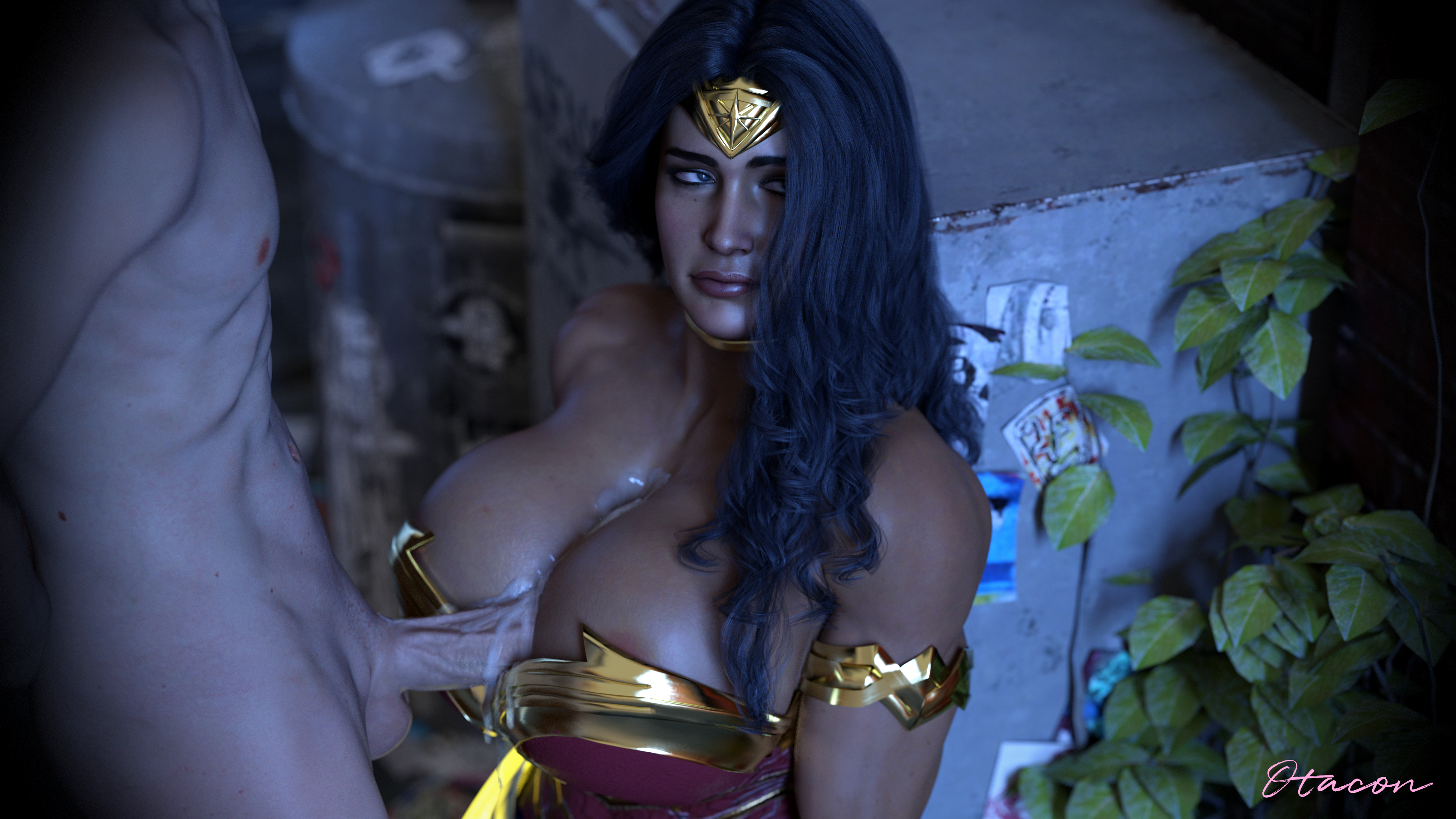 1boy, 1girls, 3d, breasts, busty, corset, cum, cum between breasts, dc, dc comics, female, female focus, male, otacon212, paizuri, partial male, penis, penis between breasts, perpendicular paizuri, questionable consent, tagme, wonder woman, wonder woman (series)