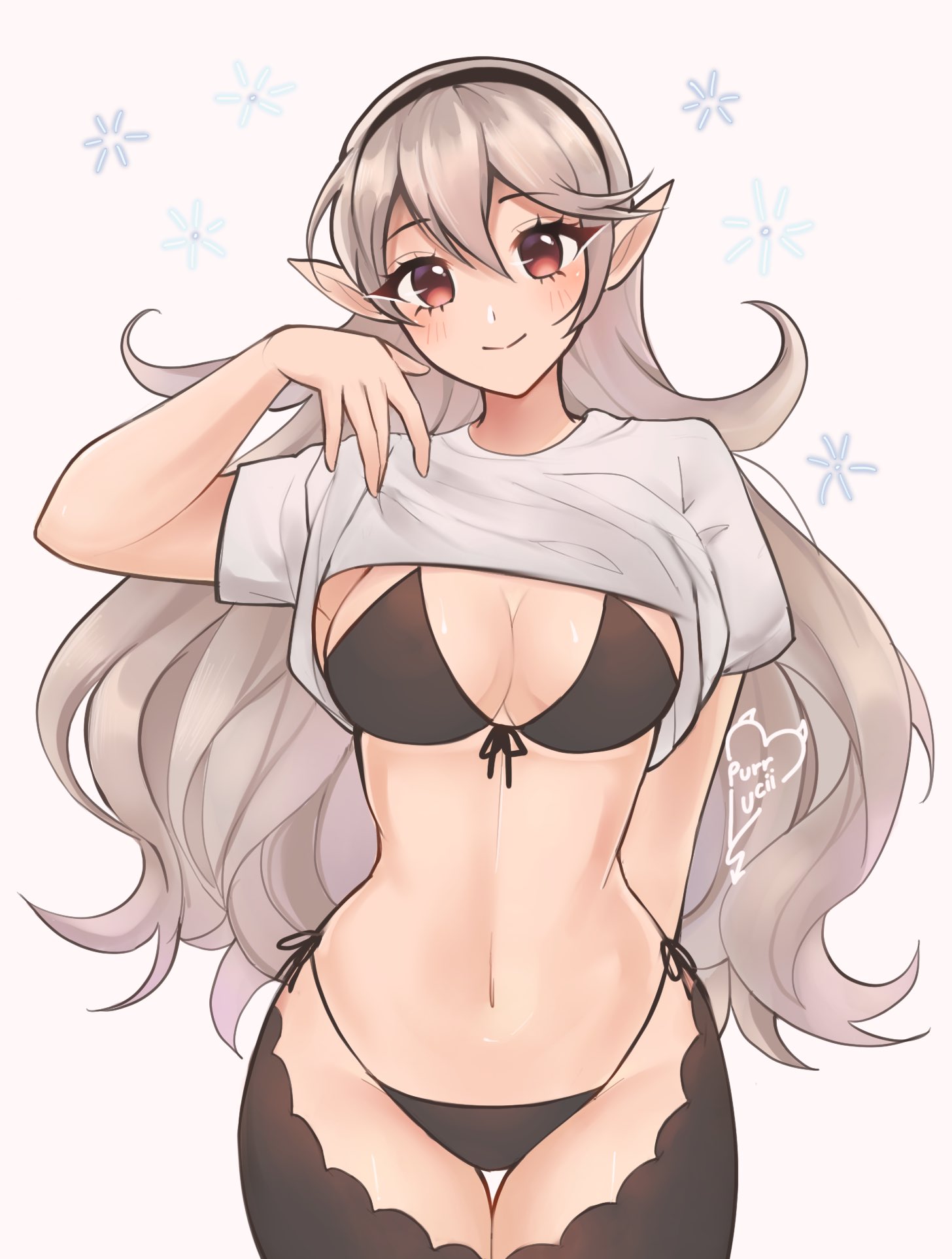 1girls, alternate costume, bare thighs, bikini, black bikini, black hairband, breasts, cleavage, clothes lift, commentary, corrin (fire emblem), corrin (fire emblem) (female), cowboy shot, english commentary, female, female only, fire emblem, fire emblem fates, grey background, hairband, highres, inner thighs, large breasts, navel, nintendo, pointy ears, purrlucii, shirt, shirt lift, short sleeves, side-tie bikini bottom, solo, standing, stomach, swimsuit, thighs, white shirt