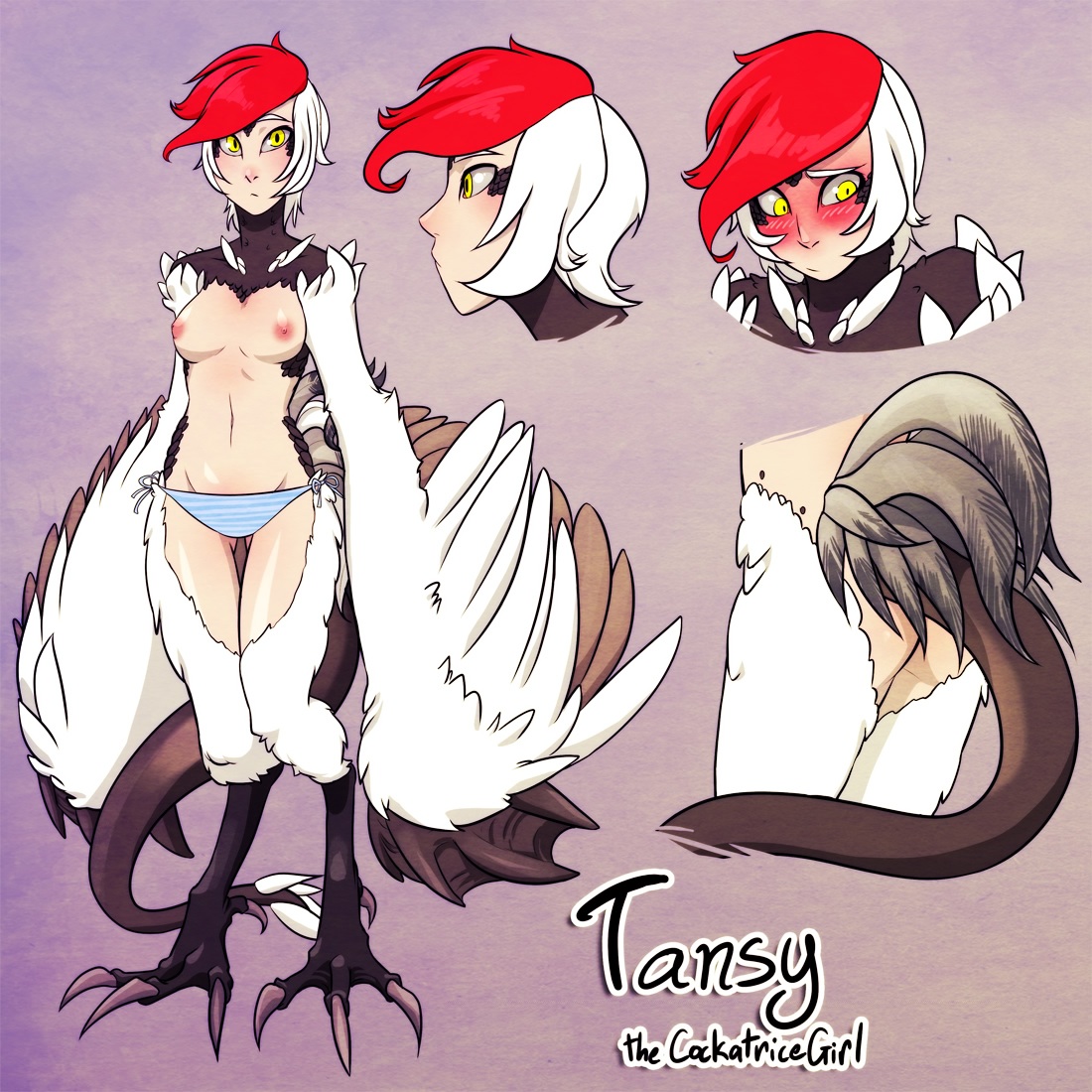 blush, breasts, character sheet, chateau de monster, clothing, cockatrice, feathers, female, monster girl, my pet tentacle monster, partially clothed, red hair, scales, tail, tansy (chateau de monster), two-tone hair, white hair, wings, yellow eyes