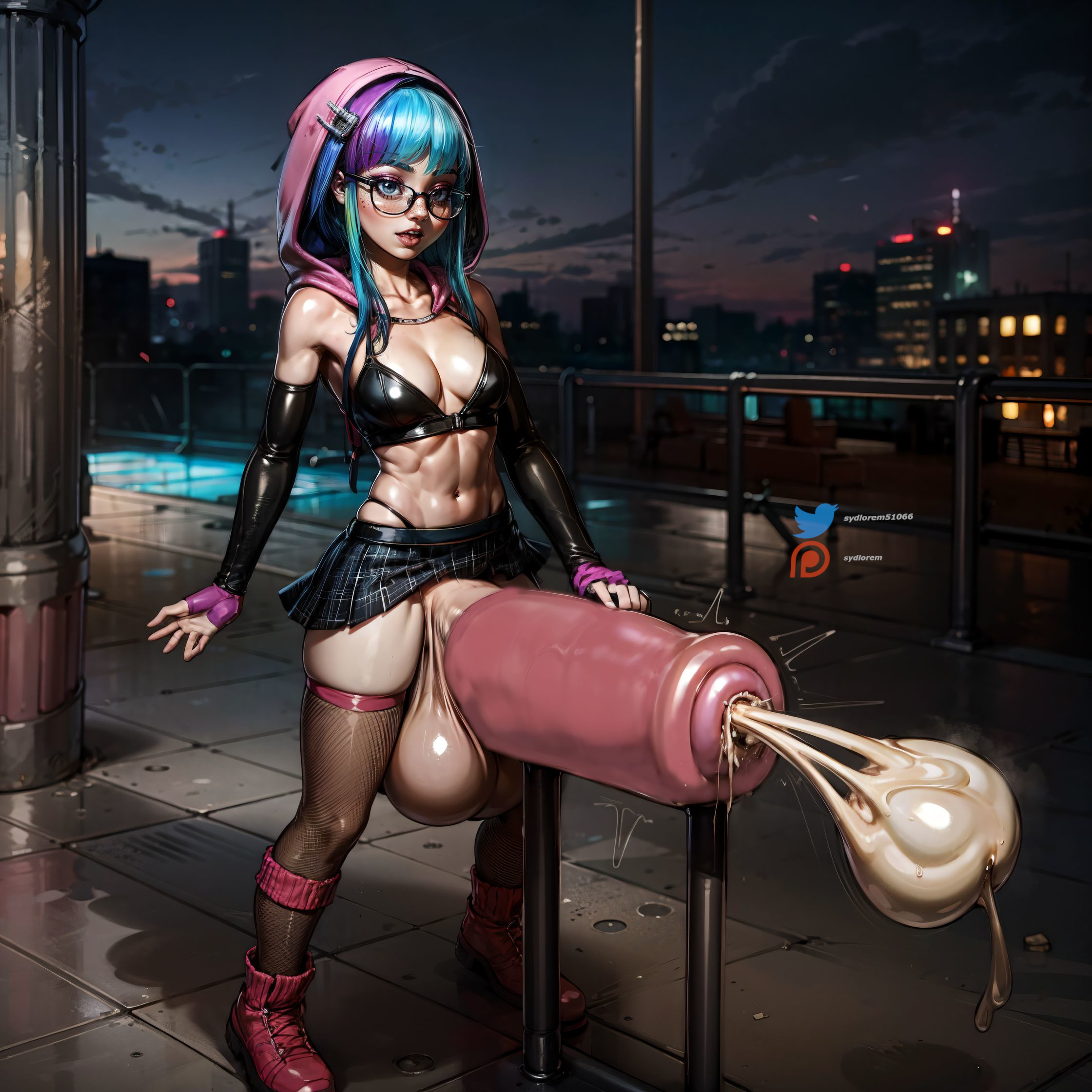 1futa, ai generated, balls, big balls, big penis, big testicles, breeding mount, breeding mount use, breeding stand, colored hair, cum, cum inside, cum through, cumshot, cute, dickgirl, fishnet, futa only, futanari, glasses, highres, huge balls, huge cock, intersex, large balls, large penis, low hanging balls, masturbation, onahole, open mouth, penis, rave, rave outfit, self upload, sydlorem, testicles, thick penis, uncensored, veiny balls, veiny testicles