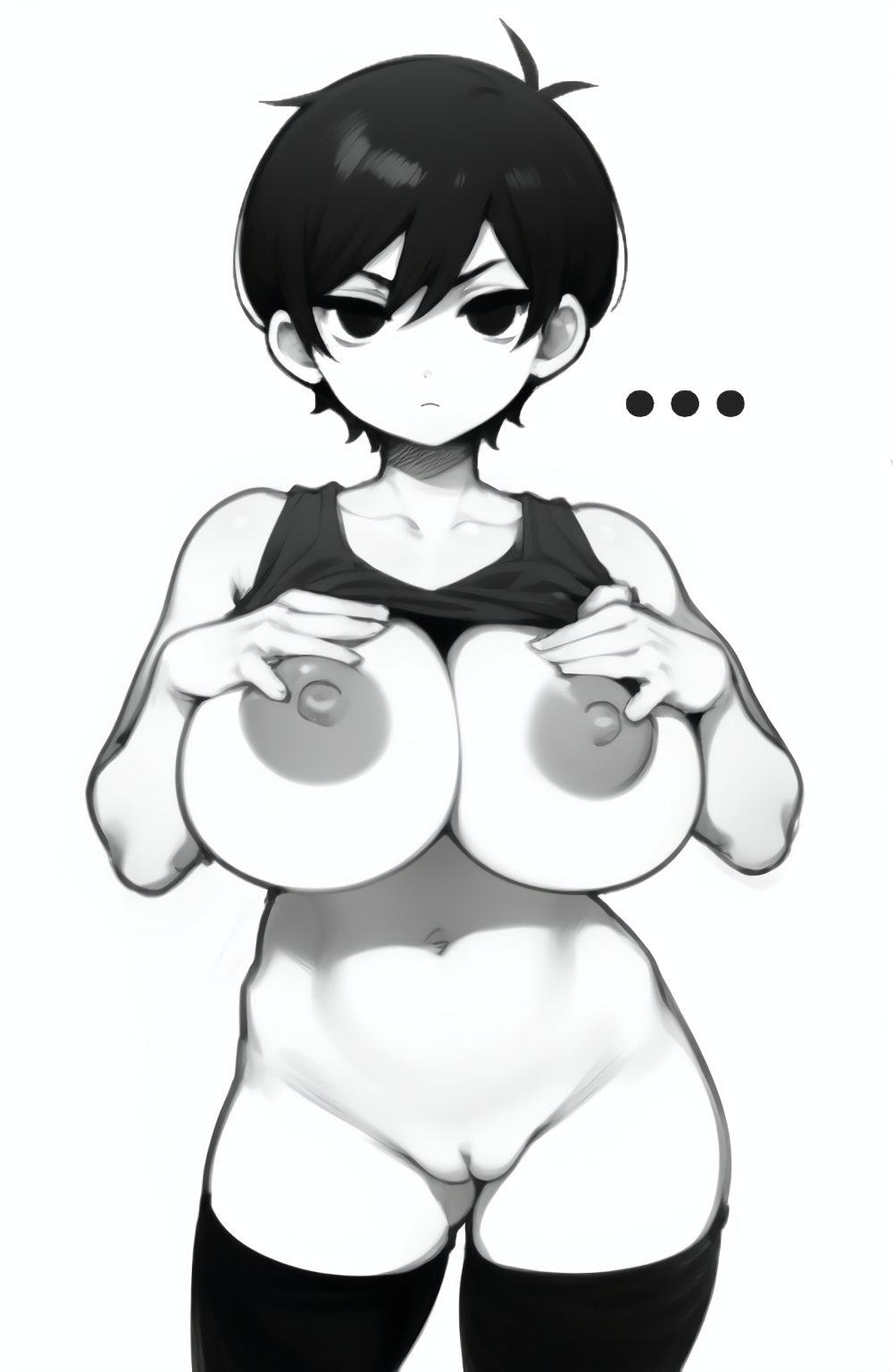 ... 1girls ai_generated big_breasts black_eyes black_hair breasts collarbone creamballz ellipsis expressionless female femomori genderswap_(mtf) hands_on_breasts huge_breasts large_breasts monochrome navel nipples omori omori_(character) pale pussy rule_63 scowl serious shirt_lift short_hair shortstack solo tank_top tank_top_lift thick_thighs thighhighs thighs tomboy white_background white_skin wide_hips