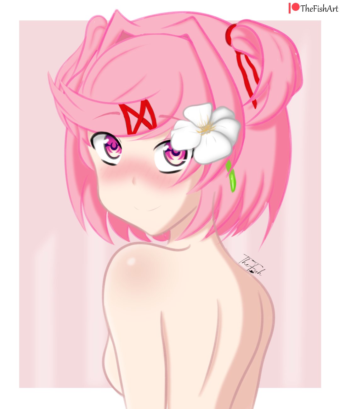 1girls artist_name back bare_shoulders blush blushing doki_doki_literature_club female female_only flower flower_in_hair human natsuki_(doki_doki_literature_club) patreon_username pink_eyes pink_hair solo thefishart