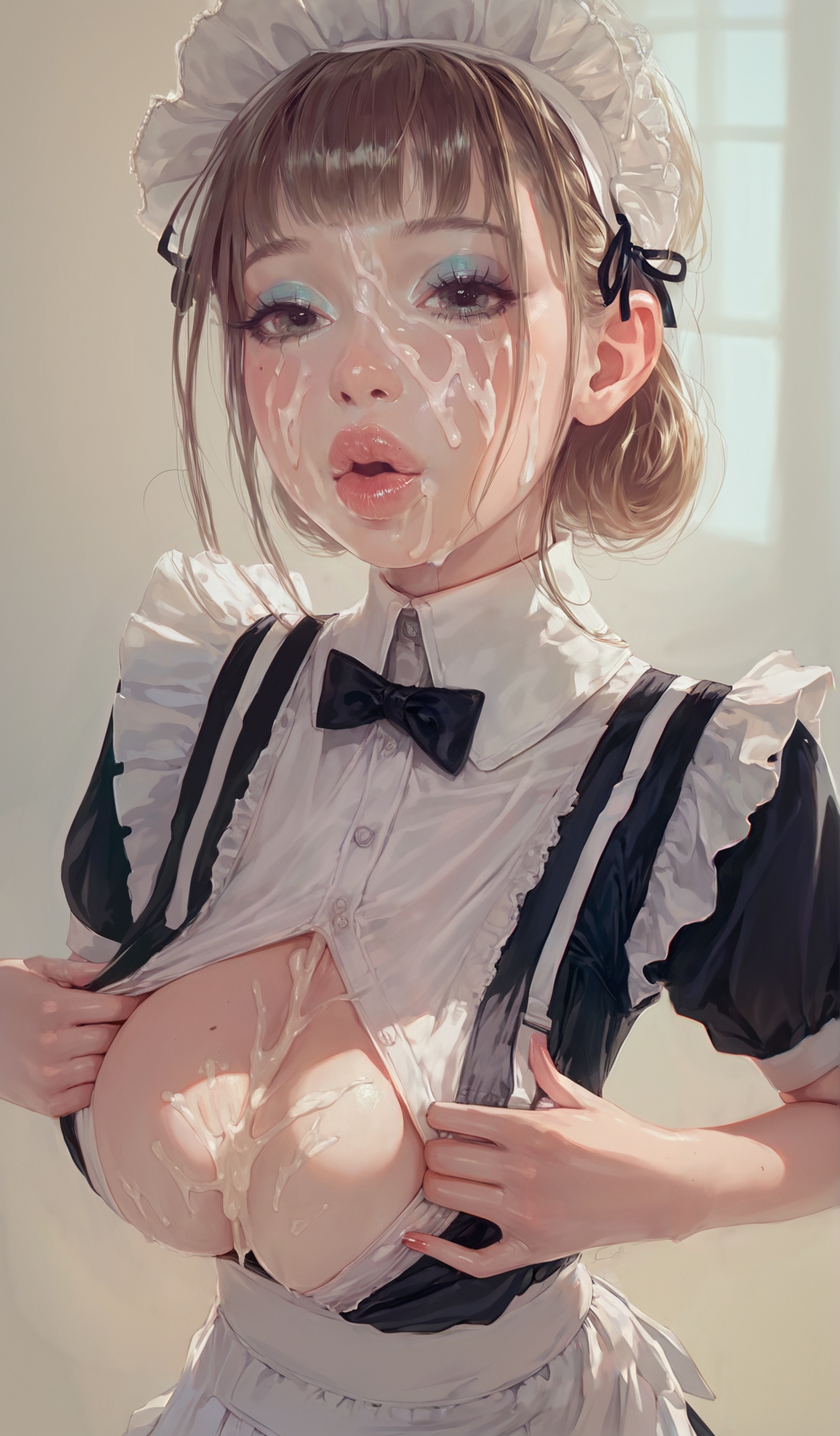 ai assisted, ai generated, breasts, cleavage, cum, cum between breasts, cum on breasts, cum on face, excessive cum, facial, female, maid, maid headdress, maid uniform, sgrodolo