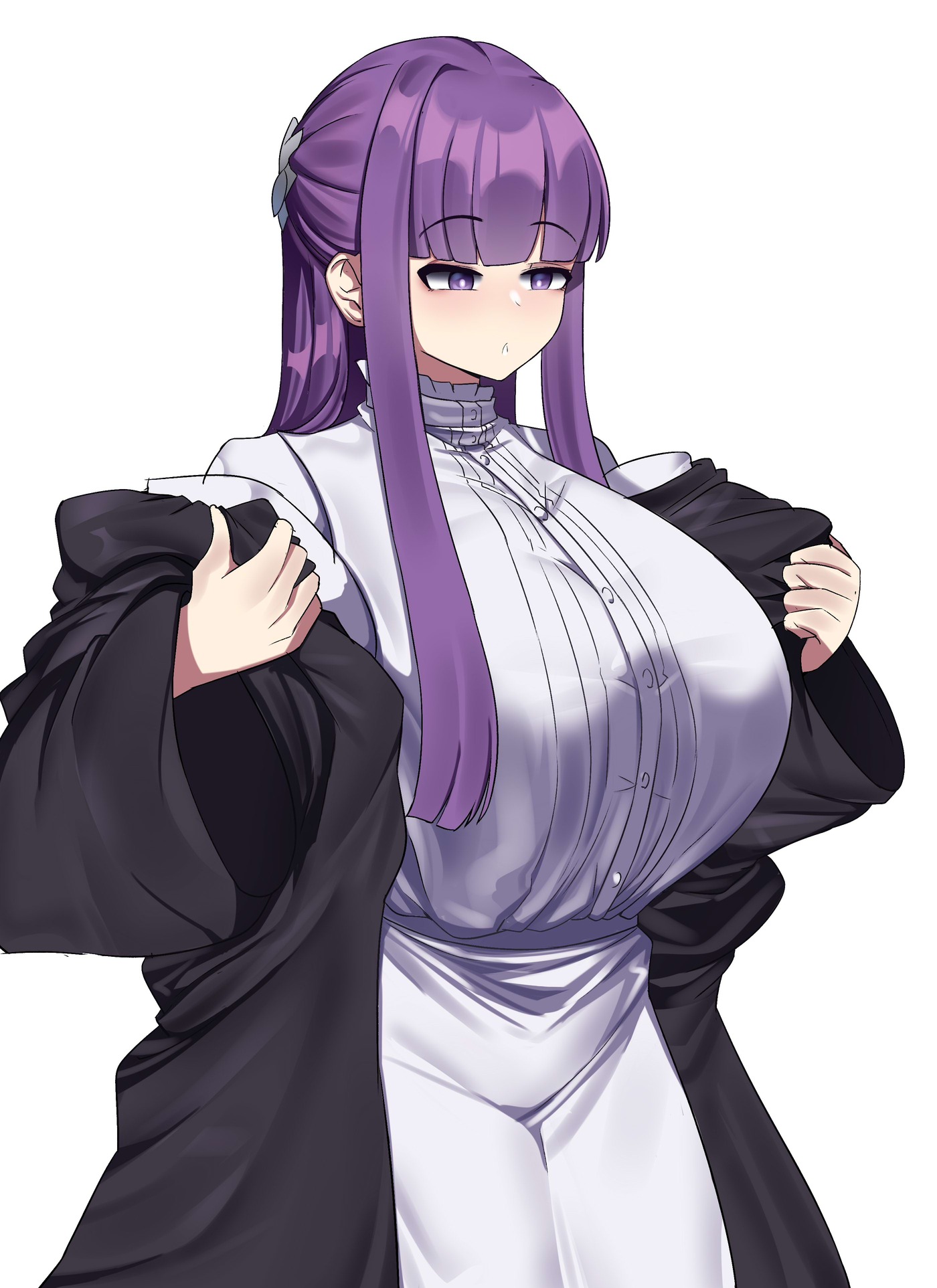 blunt bangs, breasts, dress, female, female only, fern (sousou no frieren), huge breasts, long sleeves, purple eyes, purple hair, sousou no frieren, tetsu chokoreto, white background, white clothing
