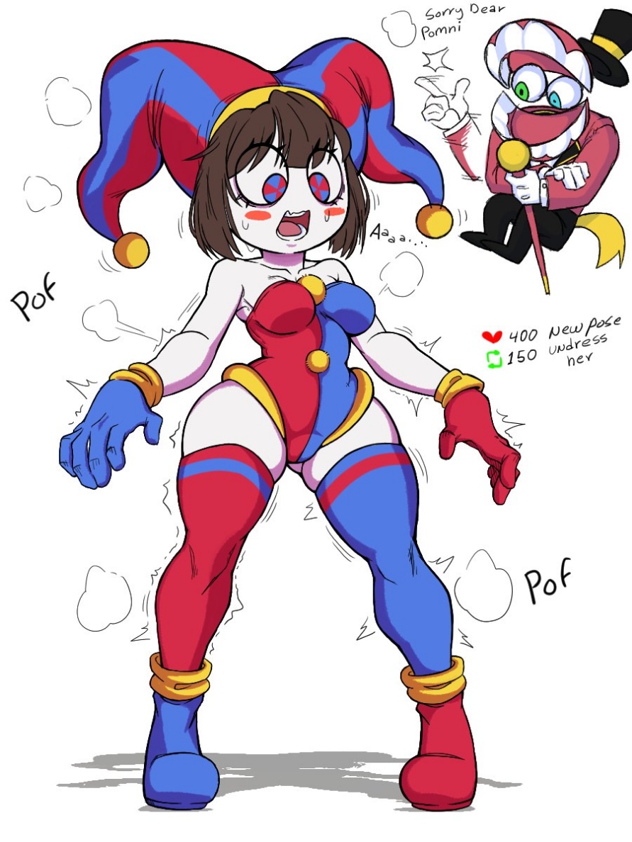 + +, =3, 1boy, alternate costume, anklet, artist request, bangs, bare shoulders, bent over, blue eyes, blue footwear, blue headwear, blue leotard, blue skin, blush, blush stickers, bob cut, bodysuit, boots, bracelet, breasts, brown hair, caine (the amazing digital circus), cape, cleavage, cold, english text, female, full body, glitch productions, gloves, hat, heart, heart in mouth, heavy breathing, holding, hypnosis, jester cap, jewelry, legs apart, leotard, male, medium breasts, mind control, motion lines, oerba yun fang, open mouth, pigeon-toed, pointy footwear, pomni (the amazing digital circus), red eyes, red gloves, red hair, red leotard, robot ears, shadow, shiny, short hair, simple background, smile, smoke, solo focus, standing, strapless, sweat, symbol-shaped pupils, the amazing digital circus, thick thighs, thighhighs, thighs, trembling, veins, weapon, white background, witch hat, yellow gloves