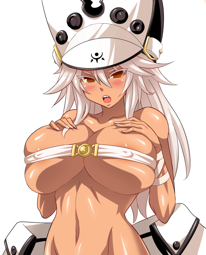 anime_style annoyed beltbra blonde_hair breasts busty cape creature dark-skinned_female dark_skin female female_only guilty_gear guilty_gear_xrd hat impossible_clothes konno_tohiro midriff orange_eyes pointy_chin ramlethal_valentine short_hair shorts solo white_eyelashes white_hair