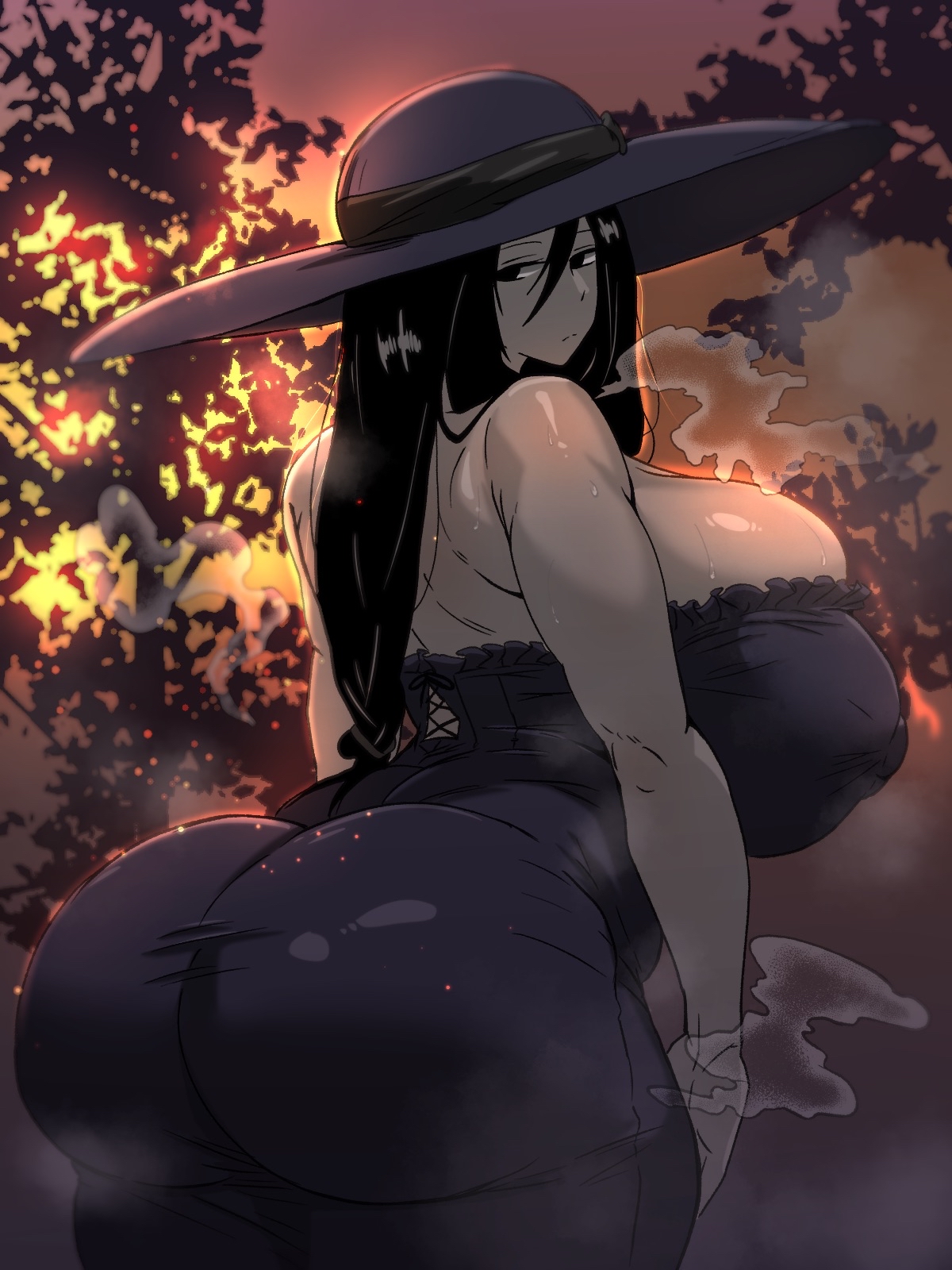back view, backboob, black hair, breasts, dusk, female, huge ass, huge breasts, milf, mommy, monochro mom (mumutamu0326), mumutamu0326, steaming body, sweat, sweating, sweaty, thick thighs, tight clothing, tight dress, voluptuous