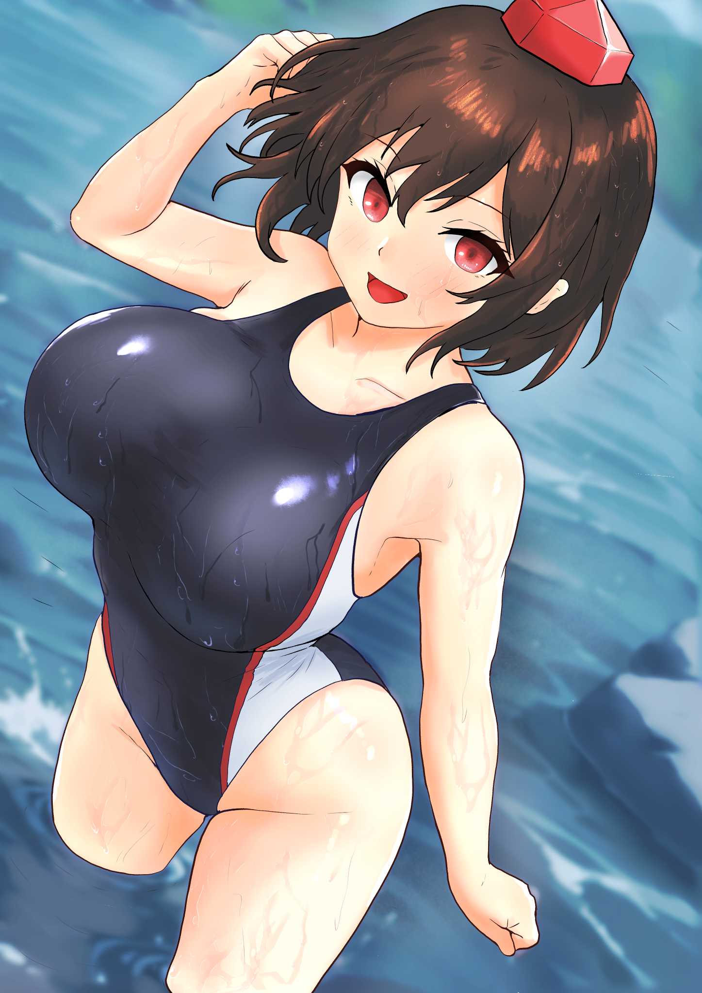 1girls, aya shameimaru, bare hips, bare shoulders, bare thighs, big breasts, black one-piece swimsuit, competition swimsuit, dark brown hair, exposed shoulders, hat, hi res, highleg one-piece swimsuit, highres, hinben, hips, looking at viewer, one-piece swimsuit, red eyes, river, shameimaru aya, solo, solo female, solo focus, submerged legs, swimsuit, swimwear, thighs, tokin hat, touhou, touhou project, water, wet, wet body, wet clothes, wet clothing, wet hair, wet skin