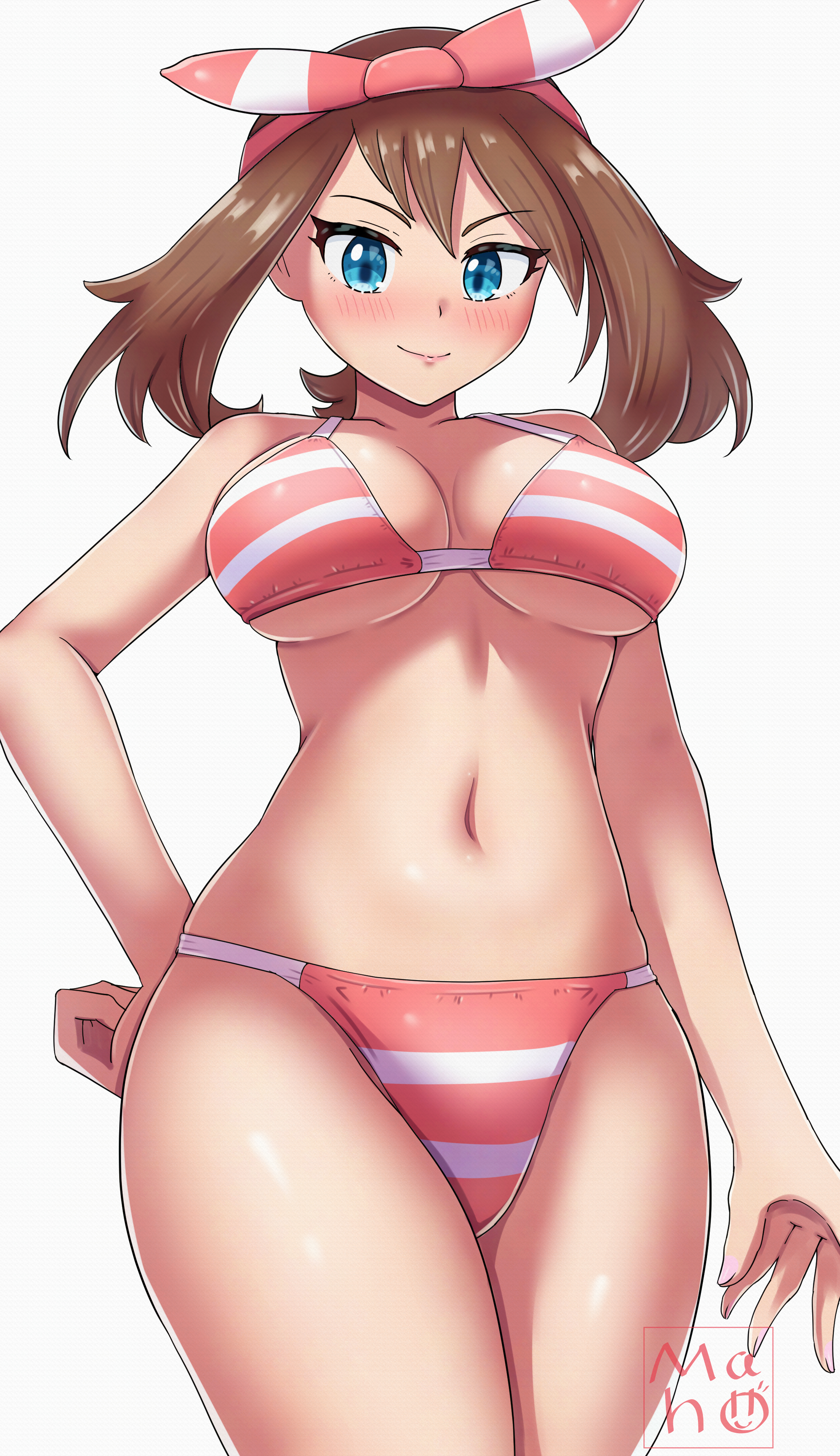 1girls, absurdres, bikini, blue eyes, blush, breasts, brown hair, closed mouth, female, female focus, female only, game freak, hairband, hand on own hip, highres, large breasts, looking at viewer, maho (corotonton5150), may (pokemon oras), may (pokemon), medium hair, multicolored bikini, navel, nintendo, pink bikini, pink nails, pokemon, pokemon oras, signature, simple background, smile, solo, standing, striped bikini, striped clothes, striped hairband, swimsuit, two-tone bikini, underboob, white background, white bikini