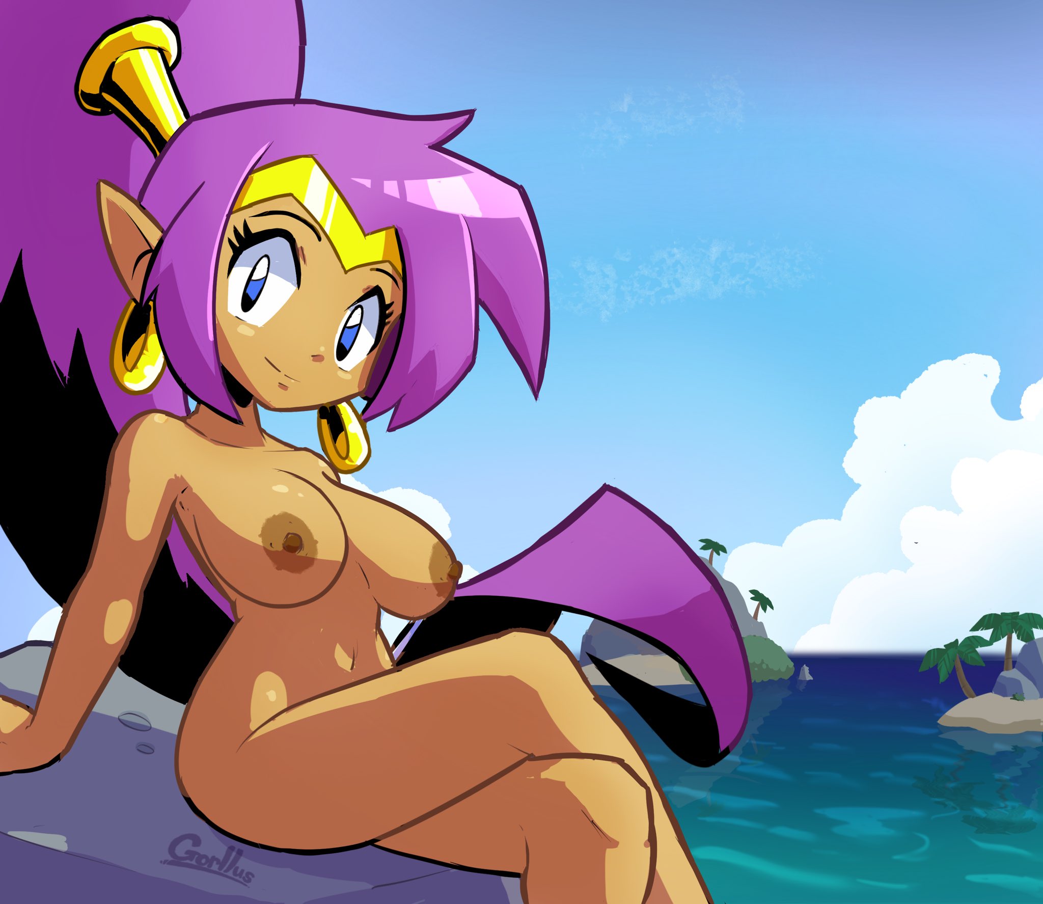 1girls, 2025, accurate art style, completely nude, crossed legs, earrings, female, gorllus, hoop earrings, long hair, naked, naked female, nude, nude female, pointy ears, ponytail, purple hair, shantae, shantae (character), solo, wayforward
