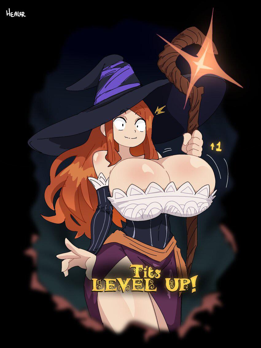 1girls, artist signature, big breasts, black background, breast expansion, breast growth, breast growth (enlargement), breasts, cleavage, dragon's crown, female, healerart, huge breasts, implied expansion, level up, long hair, magic, magic staff, orange hair, shocked, shocked expression, solo, sorceress, sorceress (dragon's crown), staff, witch hat