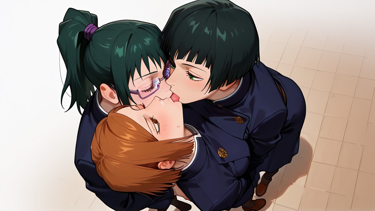 3girls, ai generated, bob cut, brown eyes, brown hair, fazepepinito24, female, female only, glasses, green eyes, green hair, group kiss, group kissing, incest, jujutsu kaisen, kissing, kugisaki nobara, maki zenin, nobara kugisaki, purple glasses, sisters, tongue, tongue out, triangle, triple kiss, yuri, zenin mai, zenin maki