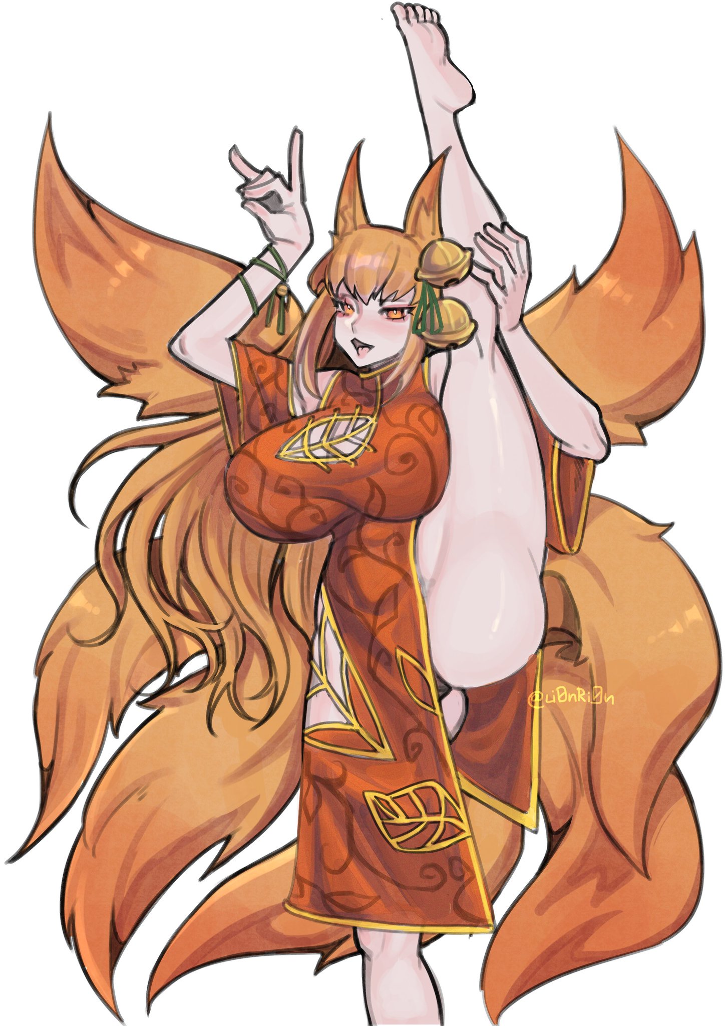 anime, ecchi, female, female only, gymnastics, kitsune, lionrion, monster girl encyclopedia, qipao, tight clothing, youko (monster girl encyclopedia)