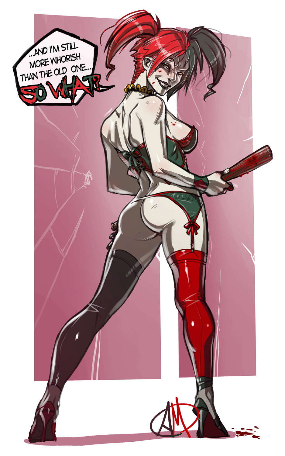 batman (series), black hair, blood, clown, dc, dc comics, female, female only, ganassa, harley quinn, high heels, human, red hair, solo, thighhighs, tied hair, twintails