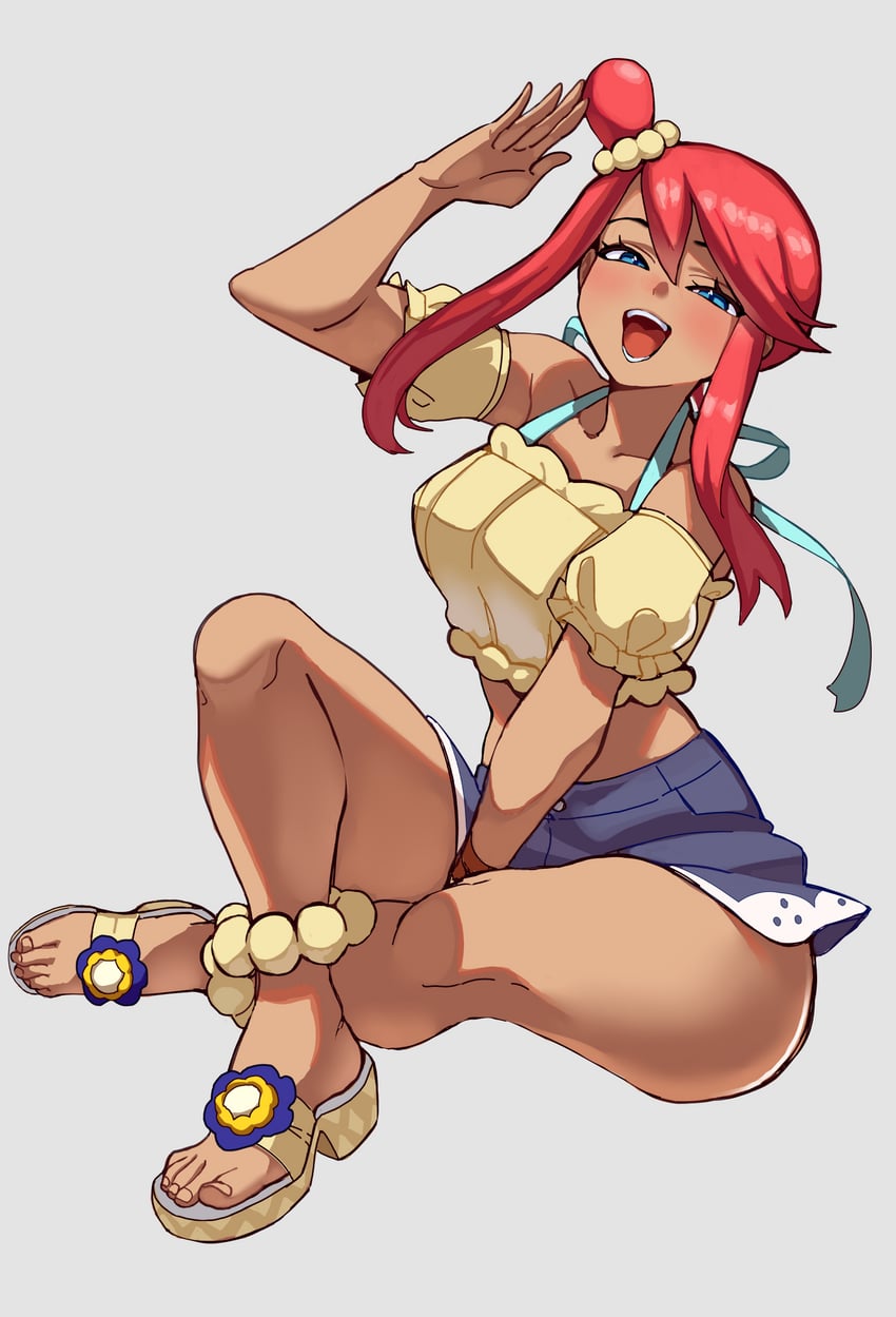 1girls, big breasts, bikini, bikini under clothes, blouse, breasts, ceroccb, feet, female, looking at viewer, open mouth, open toe footwear, open toe shoes, pokemon, pokemon bw, pokemon masters, pokemon masters ex, red hair, sandals, short shorts, skyla (pokemon), skyla (summer 2025) (pokemon masters), smile, swimsuit, thick thighs, thighs