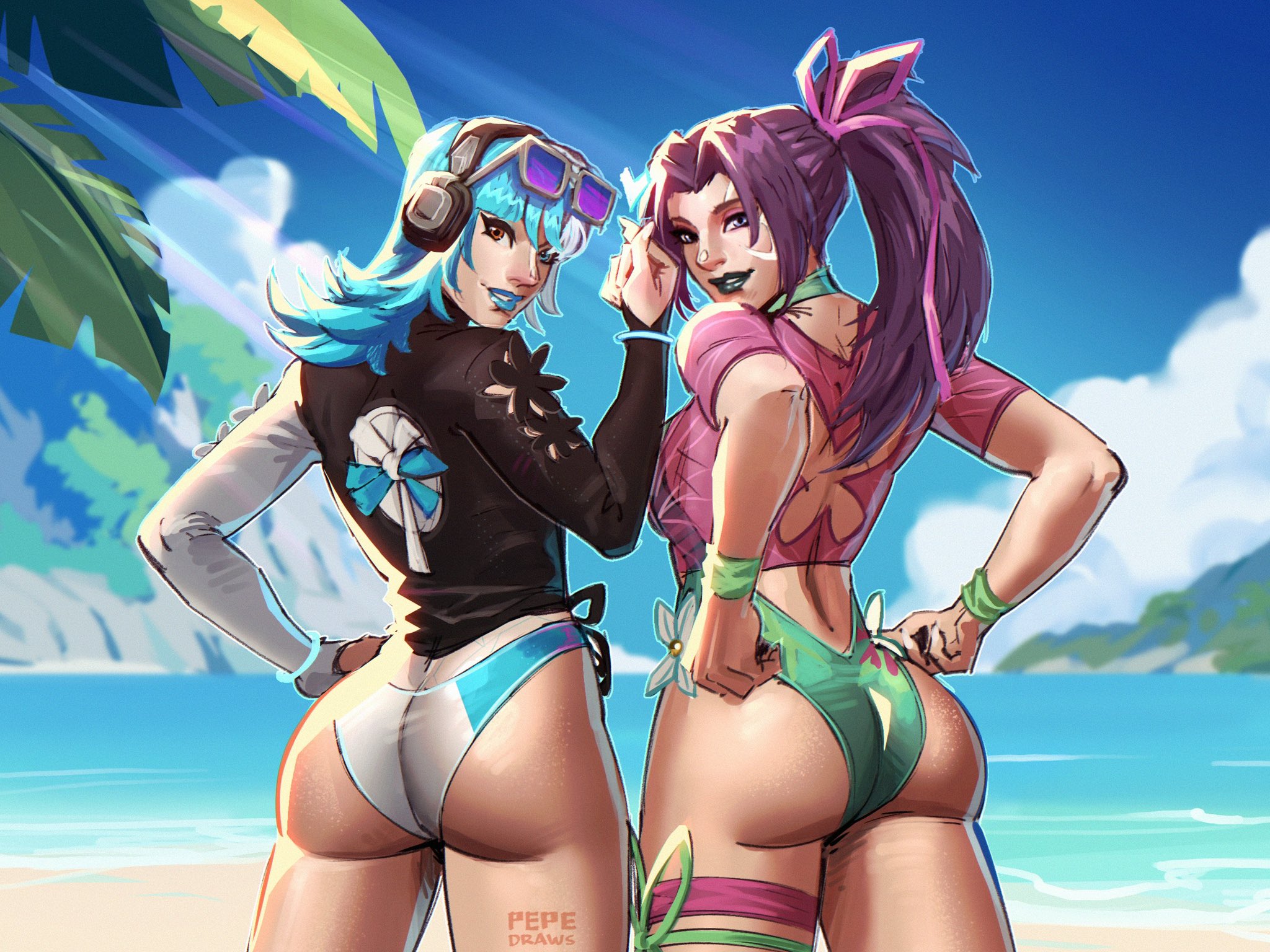 2girls, artist name, asian female, ass, back view, beach, blue hair, bubble butt, curvy, female, light skin, light-skinned female, looking over shoulder, luna snow, luna snow (cool summer), luna snow (marvel rivals), marvel, marvel rivals, pepedraws, ponytail, psylocke, psylocke (marvel rivals), psylocke (sai) (breezy butterfly), purple hair, sunglasses on head, swimsuit, white hair