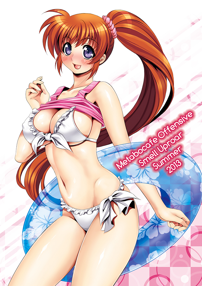 2013 bikini blush inner_tube itachou itatyou mahou_shoujo_lyrical_nanoha mahou_shoujo_lyrical_nanoha_strikers orange_hair ponytail purple_eyes shirt_lift takamachi_nanoha tied_hair