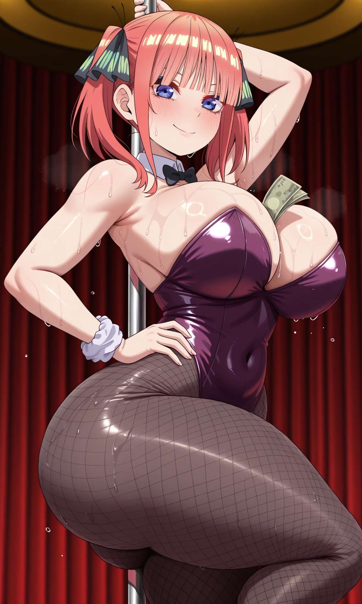 ai generated, ass, big ass, big breasts, big butt, blush, breasts, bunnysuit, female, fishnets, go-toubun no hanayome, large ass, large breasts, looking at viewer, nakano nino, pantyhose, pole, pole dancer, pole dancing, shiny skin, smile, sweat, sweating, wet skin