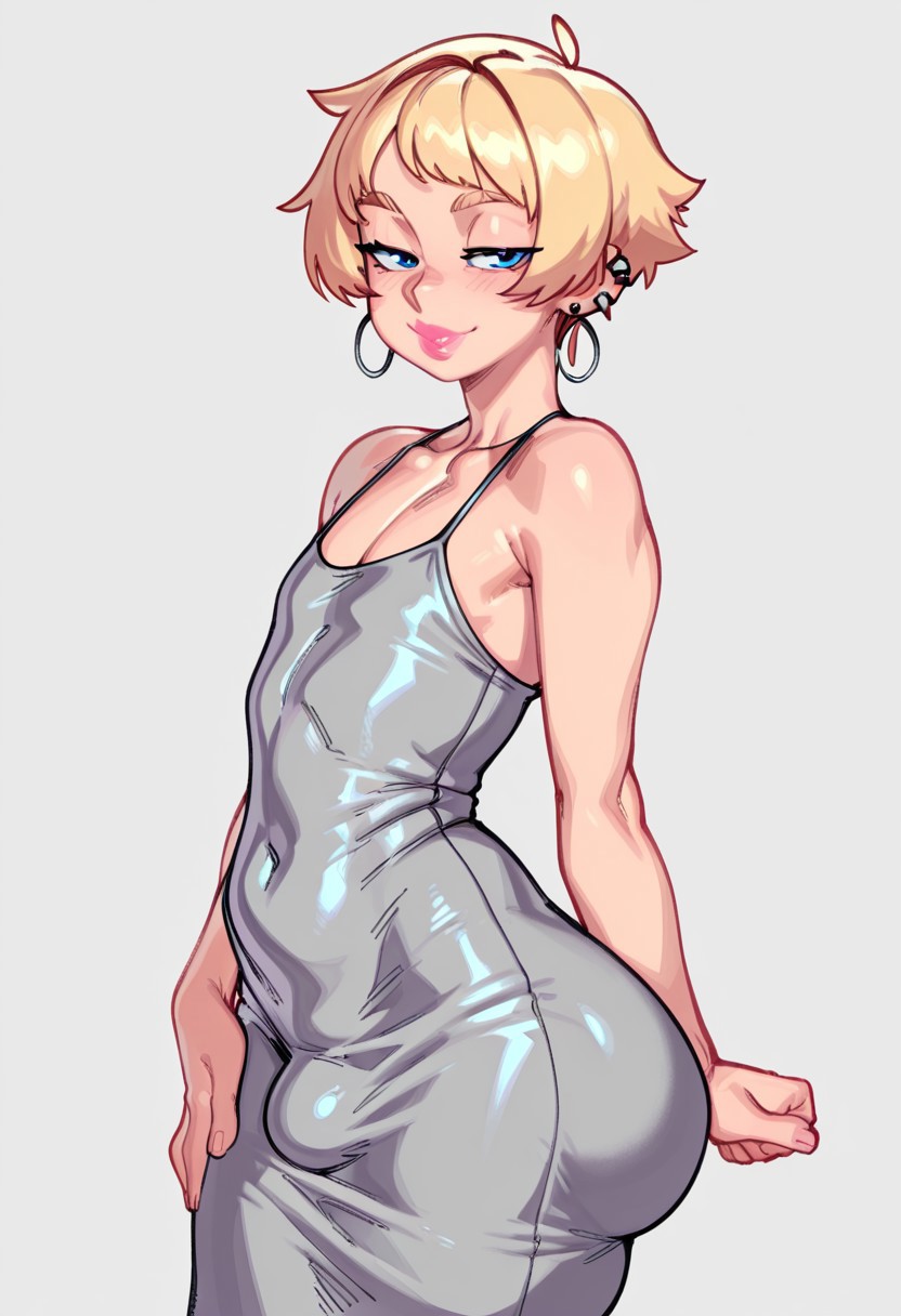 2d, ai generated, big ass, big butt, blonde hair, bulge, bulge under clothes, dongtan dress, dress, femboy, femenine male, gravure soraka, gray clothing, male, male only, original, original character, spaghetti strap, tagme, trap