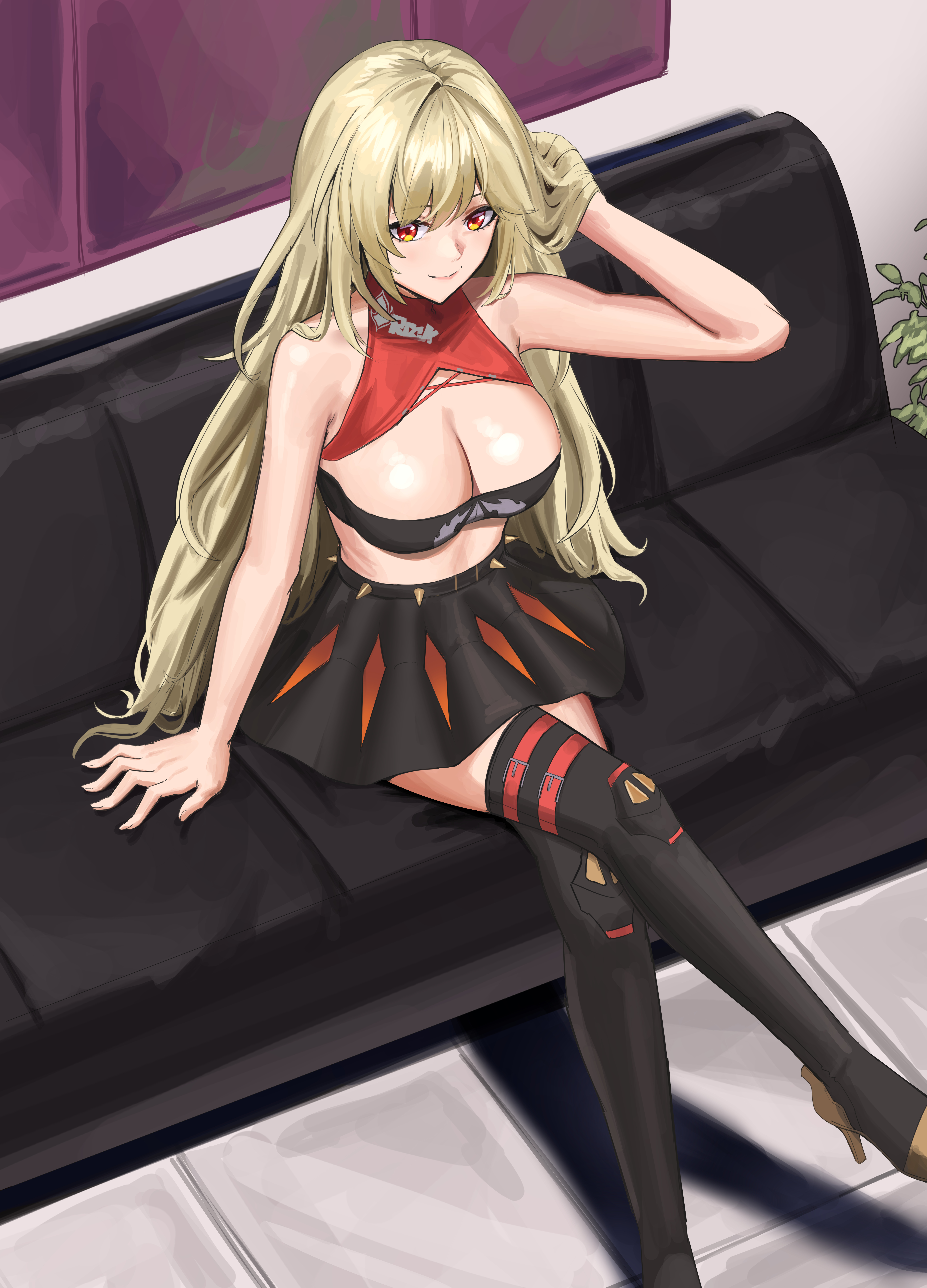 1girls, absurdres, alternate hair length, alternate hairstyle, anoreika tomoe, bare arms, black skirt, black tube top, blonde hair, blush, boots, breasts, burnice white, cleavage, closed mouth, commentary, couch, female, female only, hair down, highres, indoors, large breasts, long hair, looking at viewer, miniskirt, on couch, red eyes, sitting, skirt, smile, solo, strapless, thigh boots, thighs, tube top, zenless zone zero