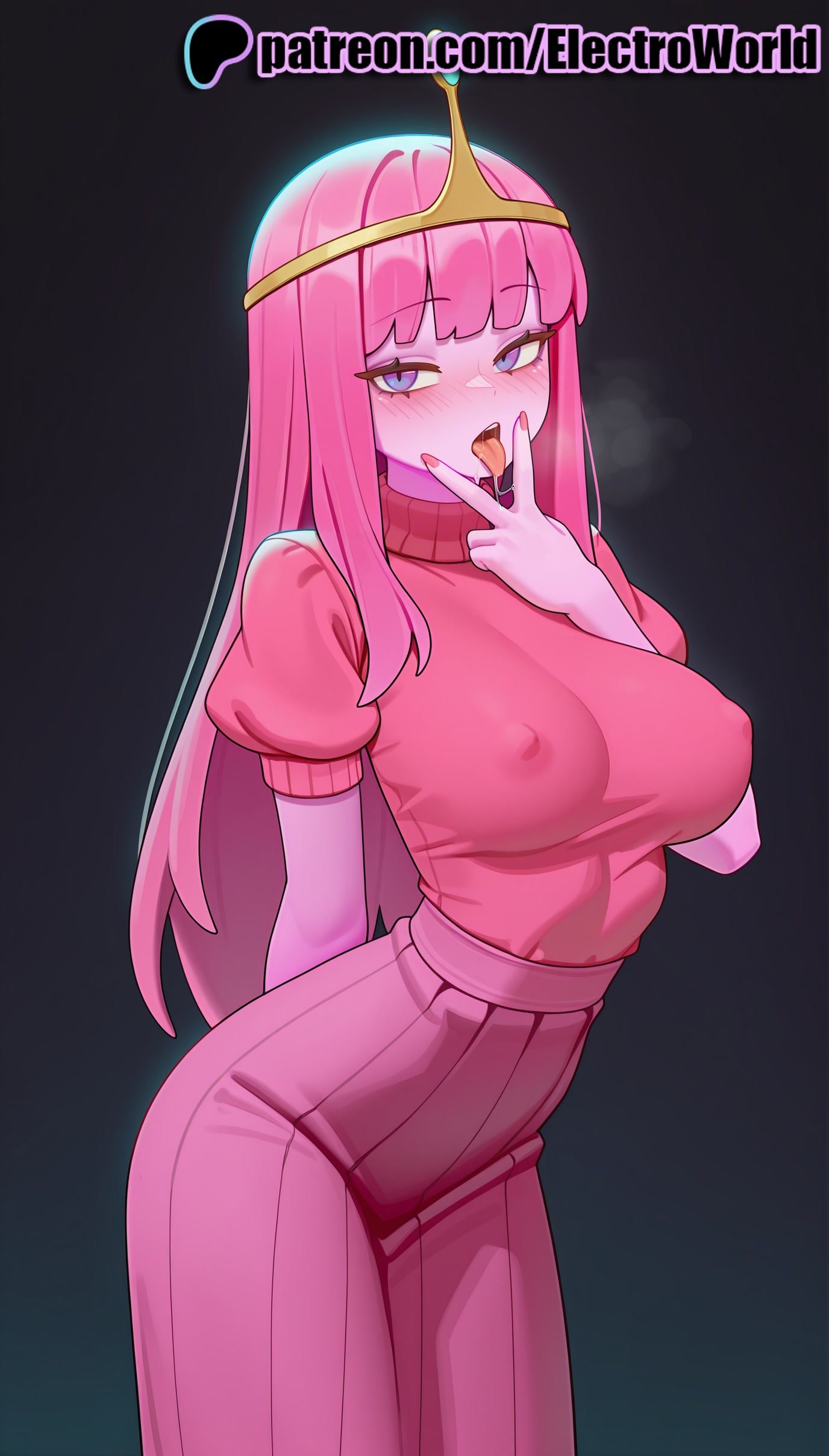 1girls, 2025, adventure time, ai generated, artist name, bangs, blunt bangs, blush, breasts, bust, cartoon network, chest, covered nipples, dark background, electroworld, english text, female, hi res, high quality, high resolution, highres, long hair, patreon, patreon username, pink dress, pink hair, princess bubblegum, solo, stable diffusion, tiara, tongue, tongue out, watermark