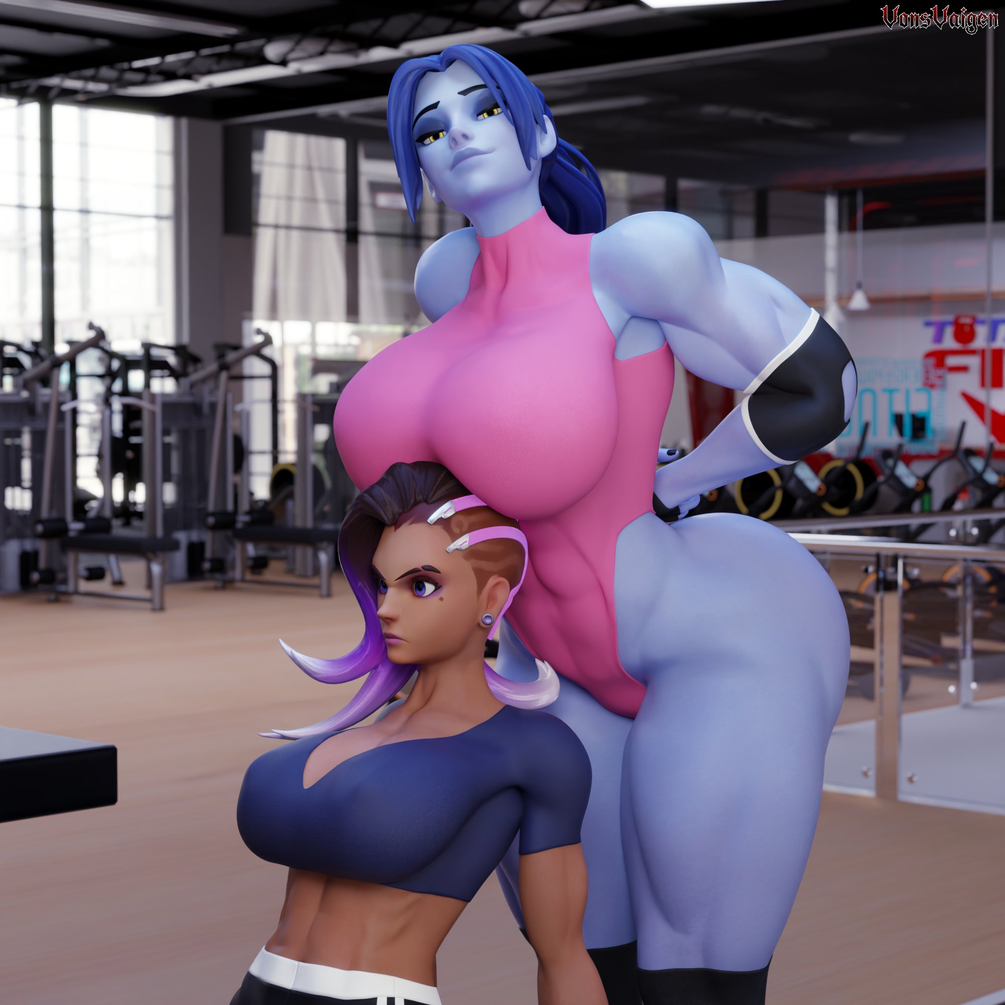 2girls, 3d, activision, amelie lacroix, ass, big ass, big breasts, big thighs, blizzard entertainment, blue body, blue skin, blue-skinned female, breasts, bubble ass, bubble butt, bust, busty, chest, curvaceous, curves, curvy, curvy figure, duo, female, female only, fit, fit female, gym, hips, hourglass figure, huge ass, huge breasts, large ass, legs, leotard, mature, mature female, muscular, muscular female, olivia colomar, overwatch, overwatch 2, slim waist, sombra, thick, thick ass, thick hips, thick legs, thick thighs, thighs, toned, toned female, voluptuous, voluptuous female, vonsvaigen, waist, wide hips, wide thighs, widowmaker