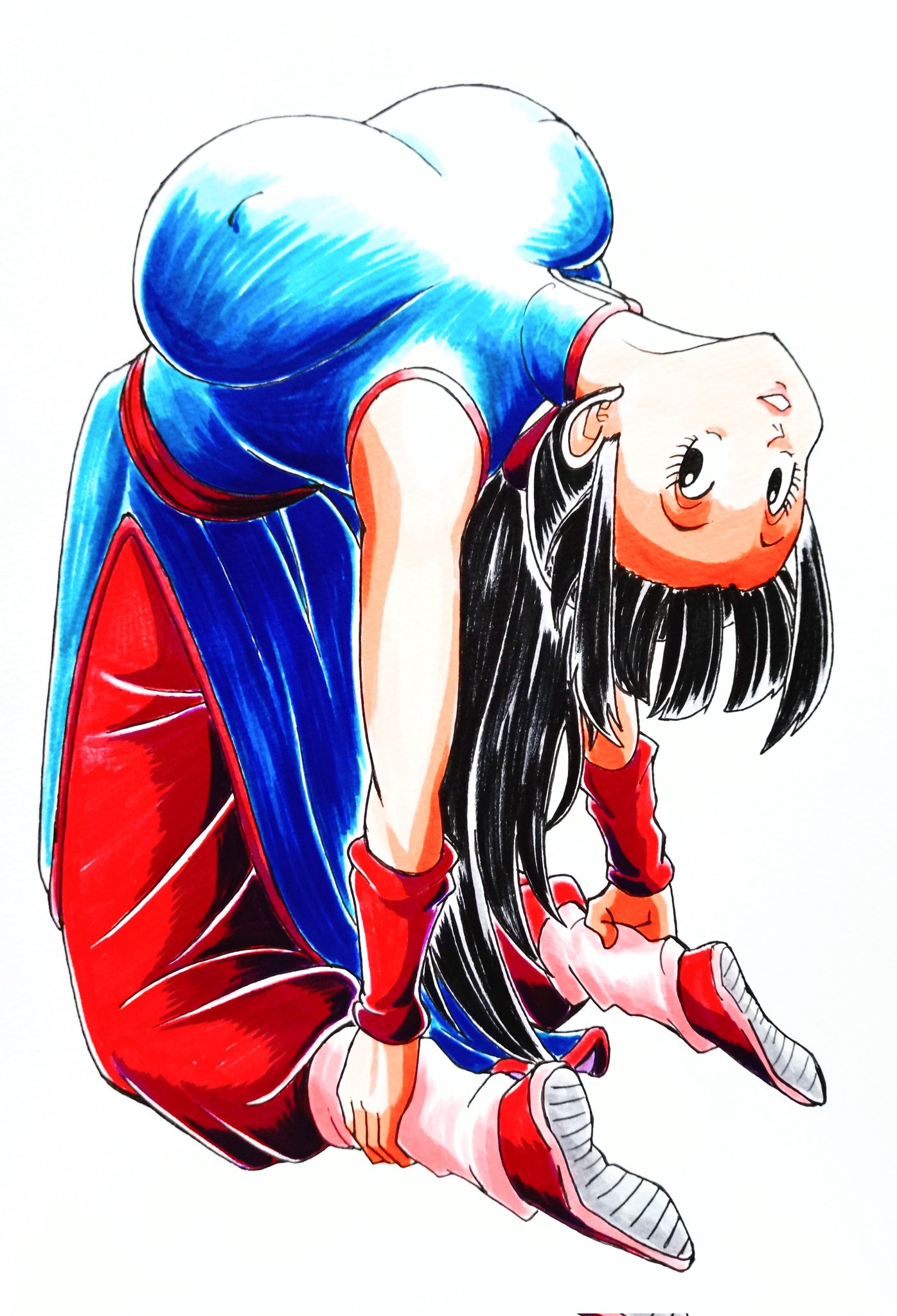 1girls, area5169458561, black hair, bolt on tits, breasts, busty, chichi, chichi (dragon ball 23rd tournament), chichi (dragon ball), dragon ball, dragon ball z, female, flexible, grabbing own ankles, huge breasts, leaning back, light skin, light-skinned female, milf, perky nipples, stretching, white background