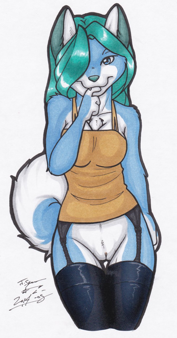 anthro blue_fur bottomless canine clothed clothes dog female fur furry hair_over_eye husky looking_at_viewer mammal os pussy seductive skimpy solo