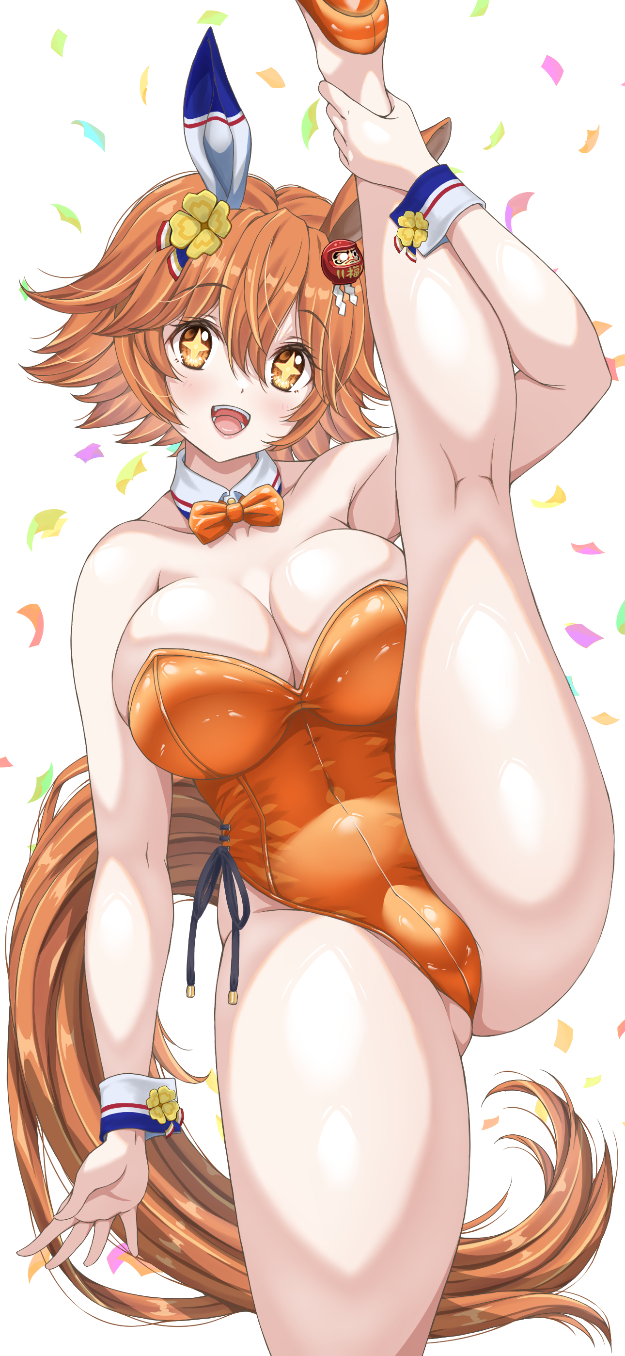 1girls, akiha oekaki, ass, big breasts, breasts, bunnysuit, female, female only, leg lift, looking at viewer, matikanefukukitaru (umamusume), smile, solo, tail, umamusume