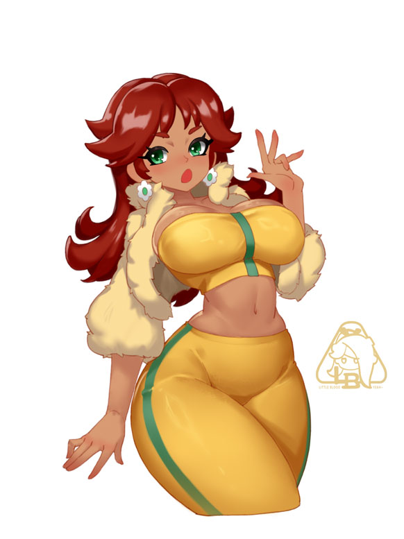 1girls, artist logo, big breasts, bimbo, breasts, brown hair, busty, curvy, curvy female, dark skin, dark-skinned female, earrings, female, fit, fit female, flower earrings, fur coat, green eyes, hips, hourglass figure, large breasts, little blood, little123blood, looking at viewer, mario (series), midriff, navel, nintendo, plump breasts, princess daisy, small waist, solo, solo female, solo focus, tan skin, tan-skinned female, thick thighs, thighs, tight pants, tomboy, tubetop, waving, waving at viewer, white background, wrong eye color
