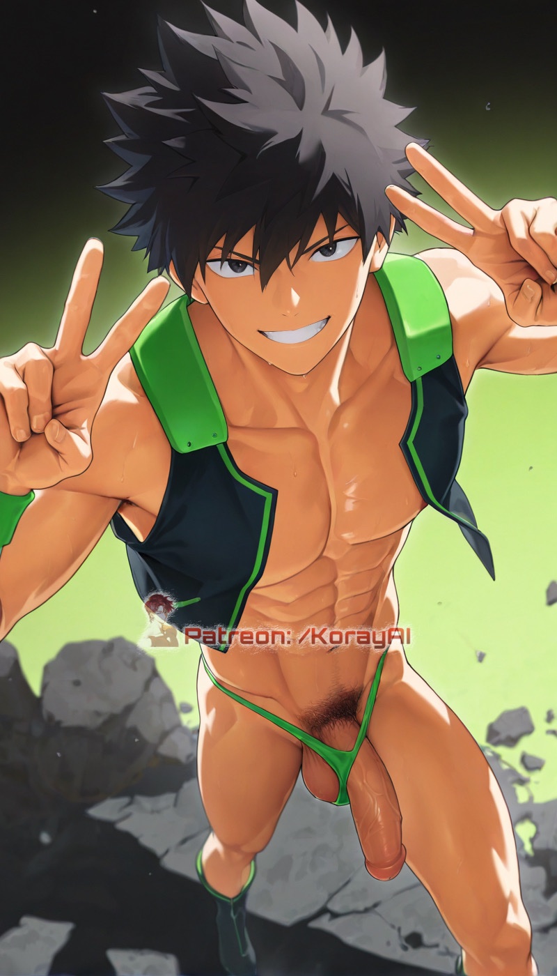1male, abs, ai generated, black hair, gay, jockstrap, koray nsfw, male, muscular, muscular male, my hero academia, naked, shindou you, smug, smug grin, yo shindo