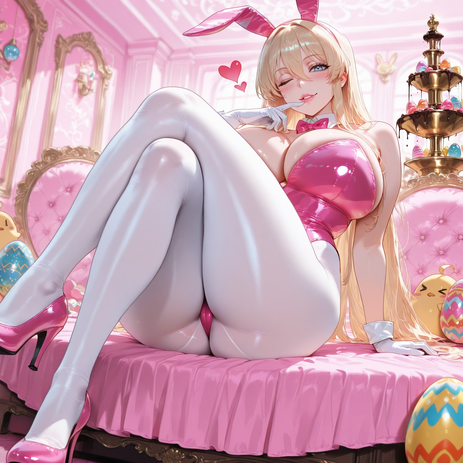 1girls, absurd res, ai generated, ass, ass focus, azur lane, bismarck (azur lane), breasts, bunny ears, bunny girl, chocolate, crossed legs, easter, easter eggs, female, finger to mouth, from below, front view, gloves, high heels, huge ass, huge breasts, leotard, liu (artist), looking at viewer, manjuu (azur lane), mound of venus, one eye closed, pantyhose, playboy bunny, seductive, seductive look, shiny clothes, sitting, smile, solo female, solo focus, thick thighs, voluptuous, voluptuous female, wide hips, winking, winking at viewer