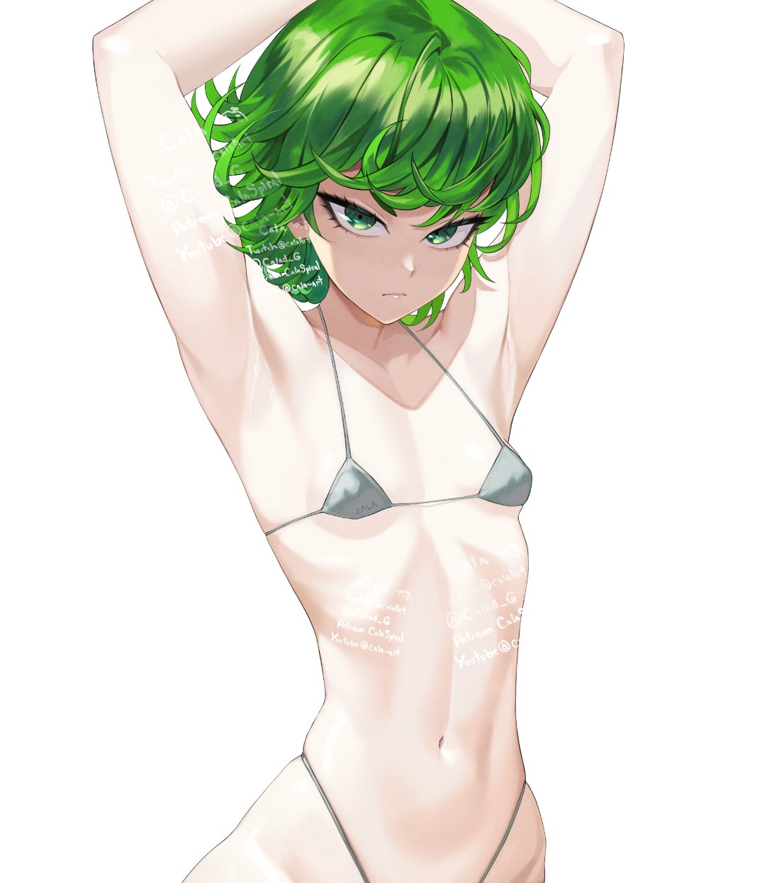 1girls, arms up, artist name, bikini, breasts, calad g, female, green eyes, green hair, hands above head, light skin, light-skinned female, micro bikini, one-punch man, petite, silver bikini, slender body, small breasts, tatsumaki, white background